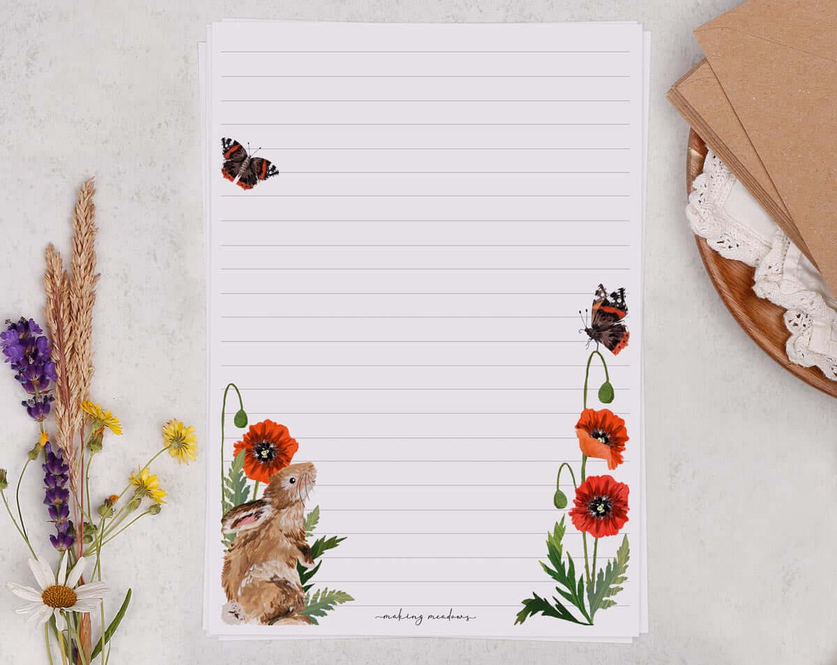 A5 writing paper with rabbit & poppy flowers. Stationery designed by Making Meadows