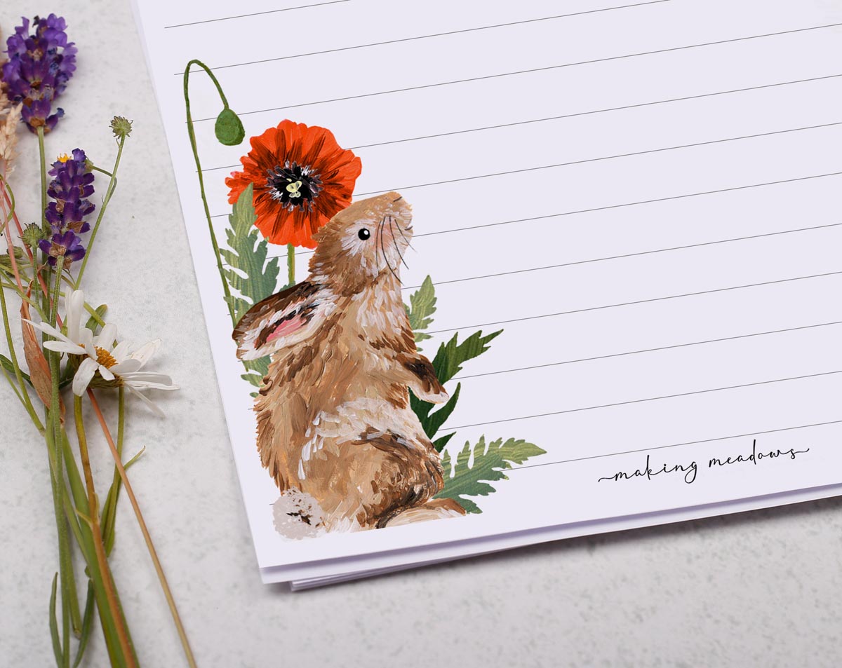 A5 writing paper with rabbit & poppy flowers. Stationery designed by Making Meadows