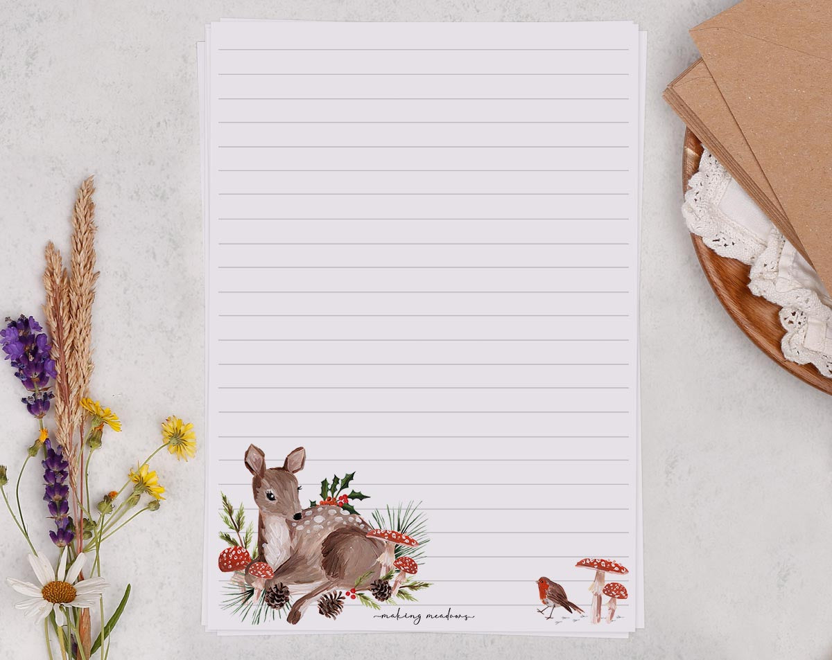A5 writing paper with robin & deer. Stationery designed by Making Meadows