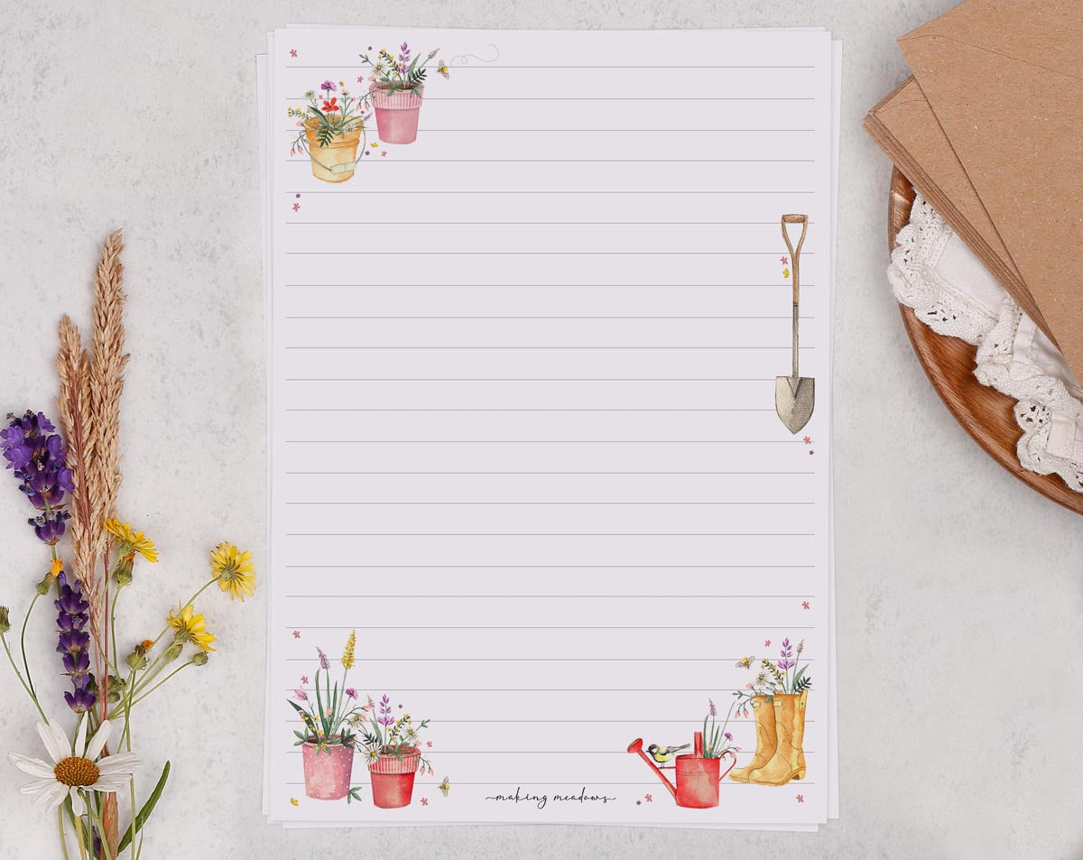 A5 writing paper with traditional garden design. Stationery designed by Making Meadows