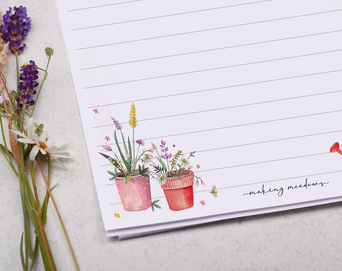 A5 writing paper with traditional garden design. Stationery designed by Making Meadows