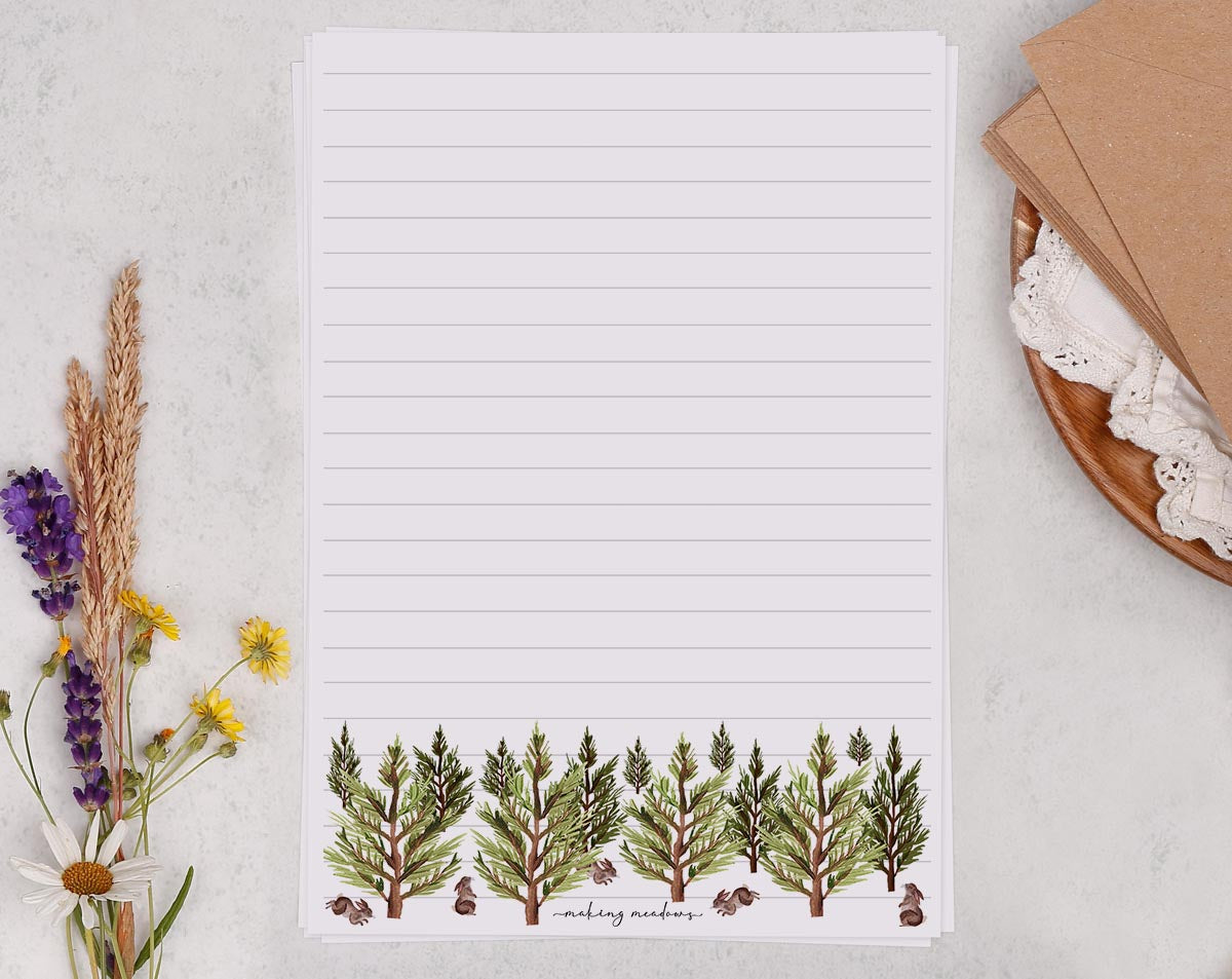 A5 writing paper with trees and rabbits. Stationery designed by Making Meadows