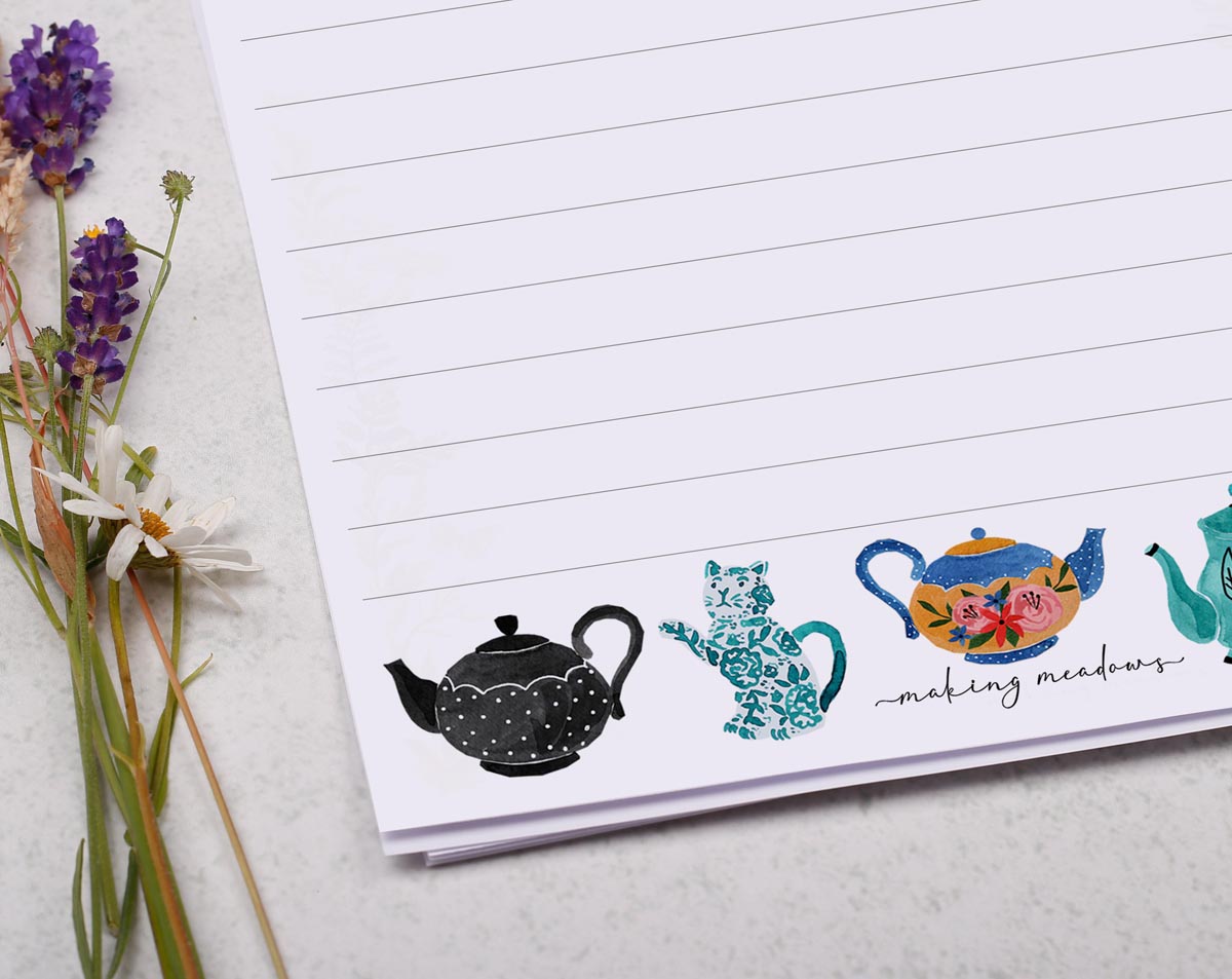 A5 writing paper with vintage tea pots. Stationery designed by Making Meadows