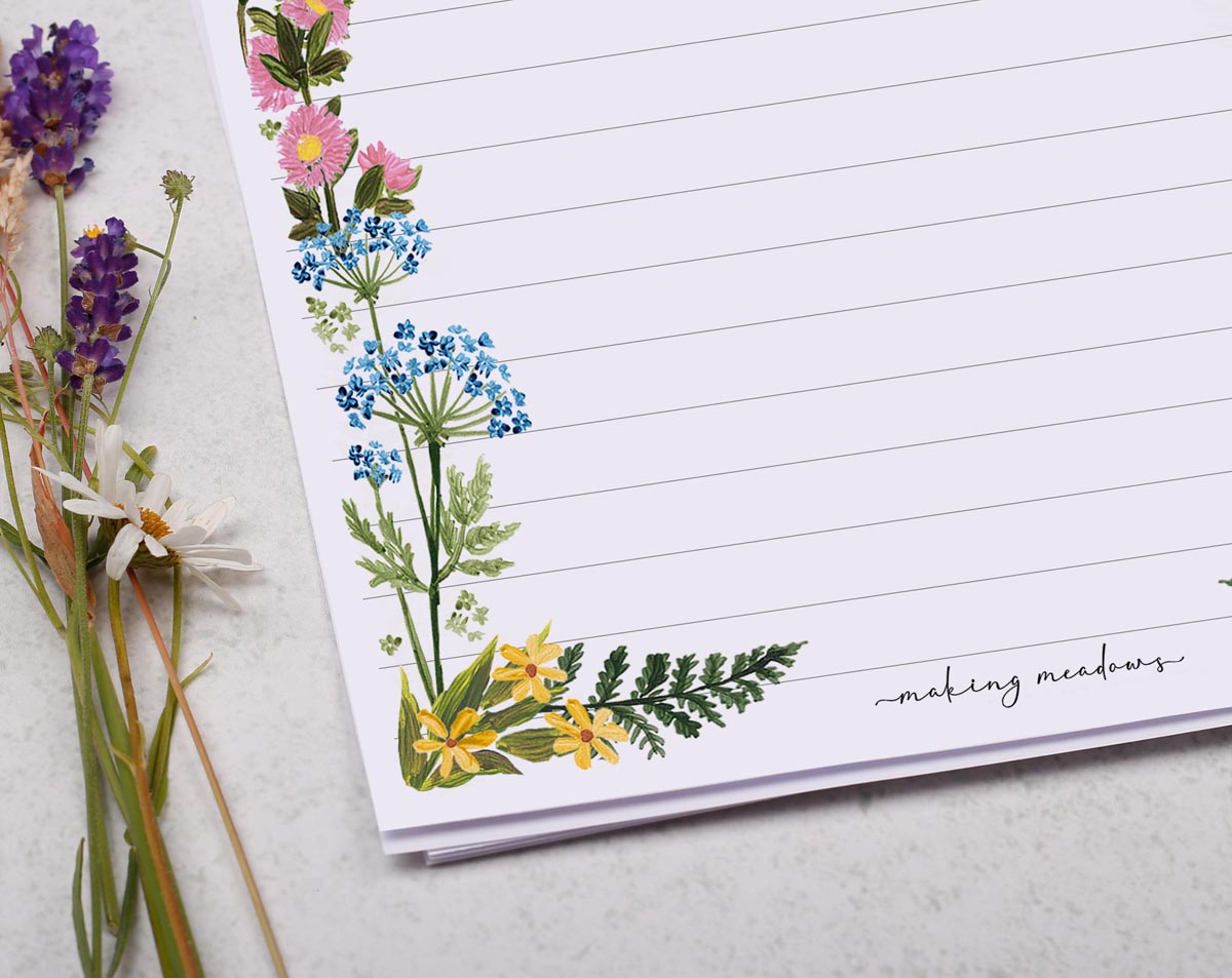 A5 writing paper with wild meadow flowers. Stationery designed by Making Meadows