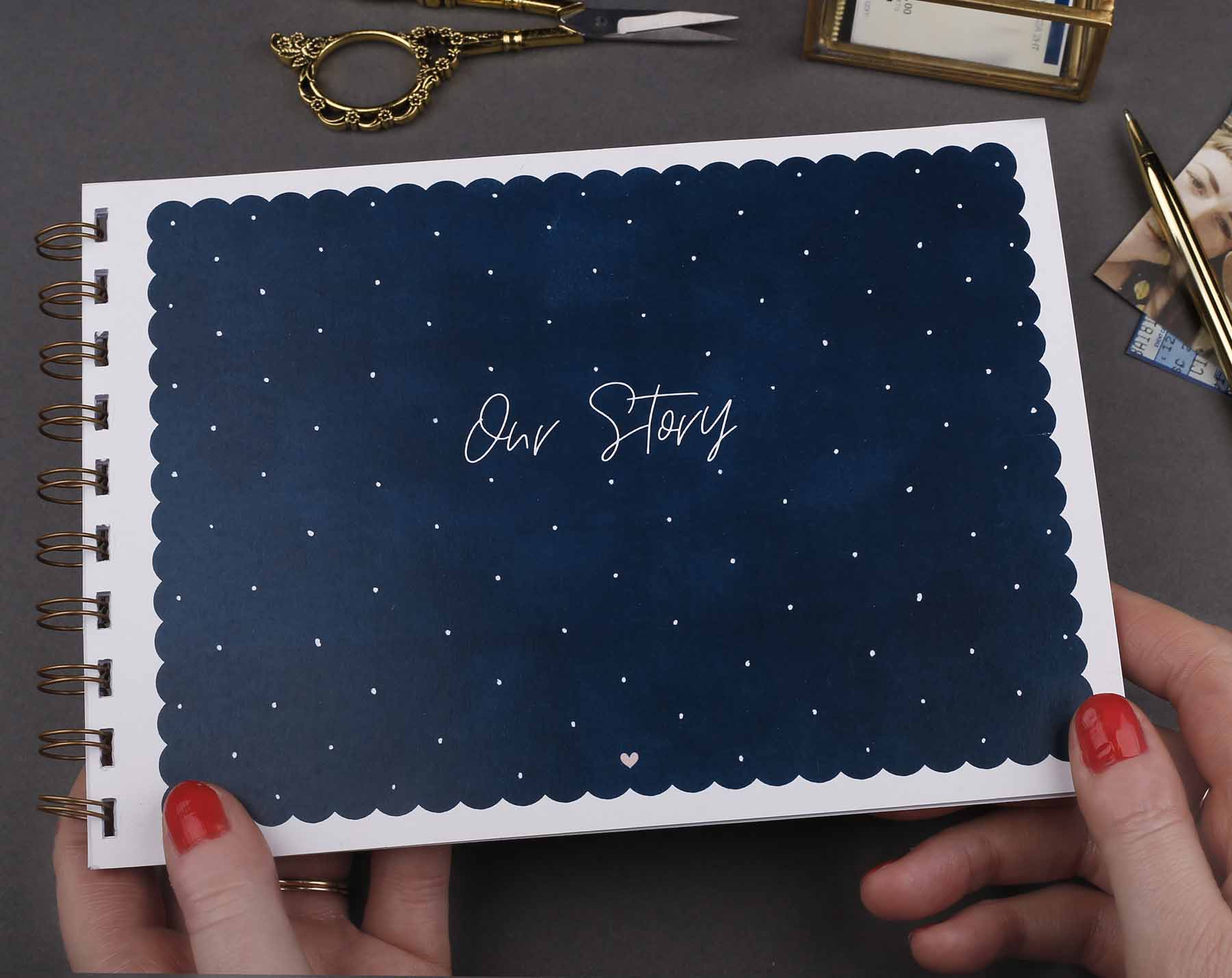 Beautiful navy polka dot 'Our Story' memory book. Scrapbooking & Stamping Kits designed by Making Meadows