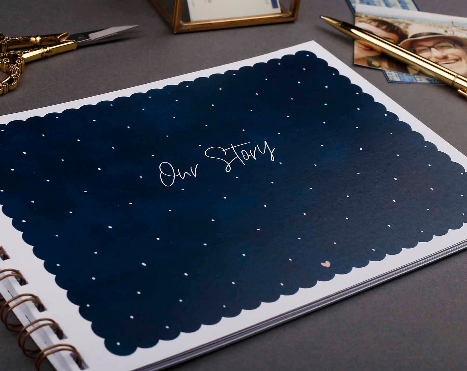 Beautiful navy polka dot 'Our Story' memory book. Scrapbooking & Stamping Kits designed by Making Meadows