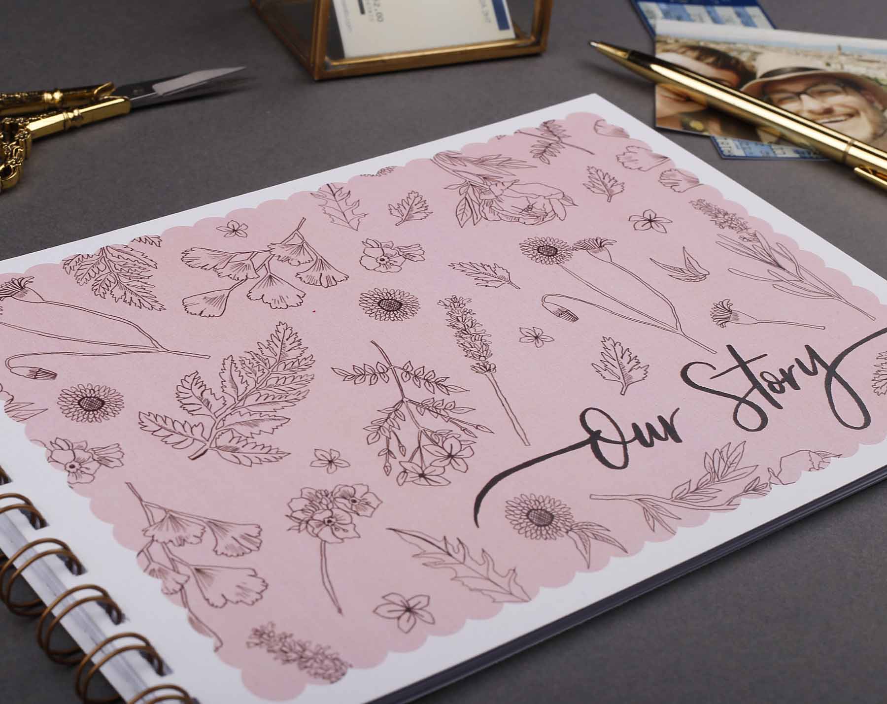 Beautiful pink floral 'Our Story' memory book. Scrapbooking & Stamping Kits designed by Making Meadows
