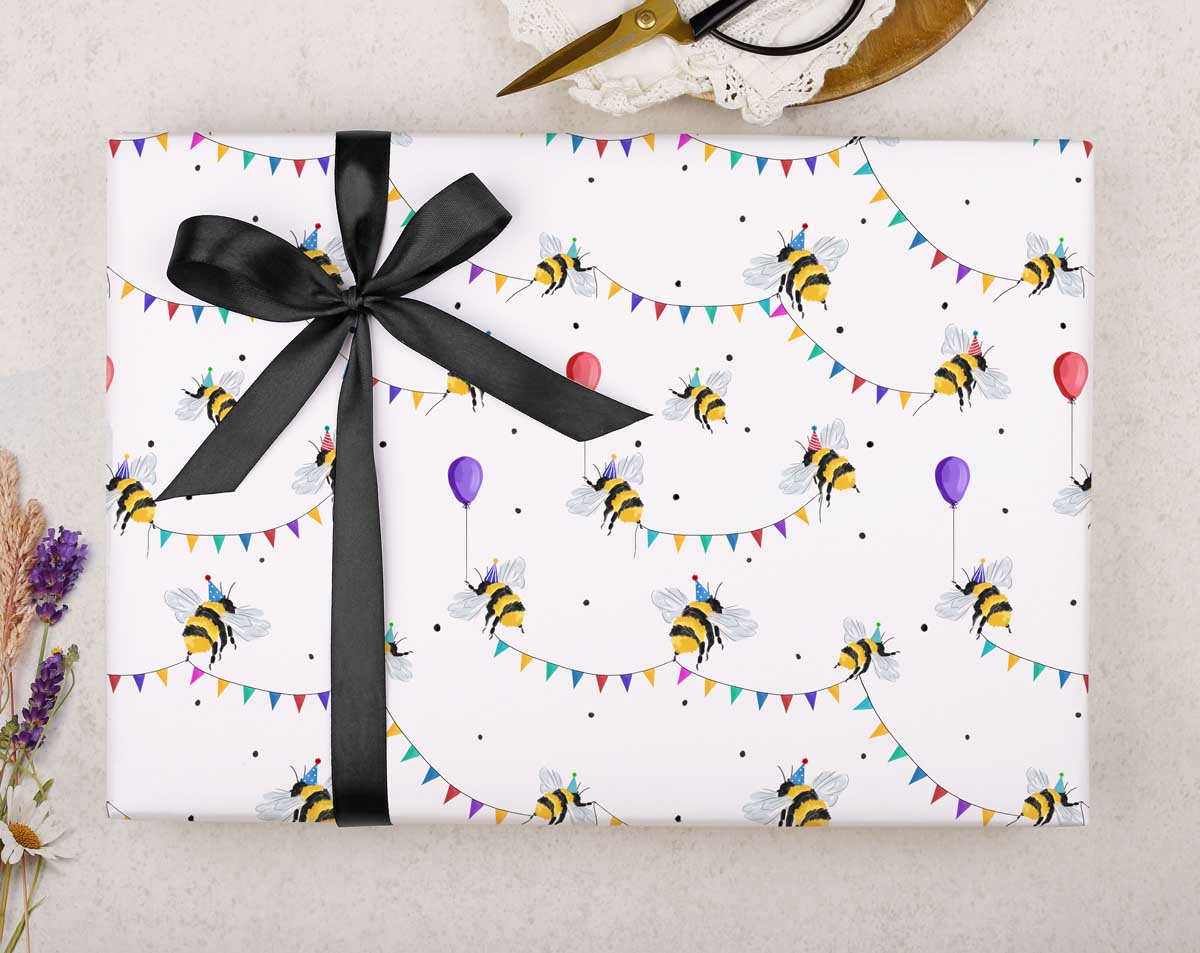 Bee party with bunting wrapping paper. Wrapping Paper designed by Making Meadows
