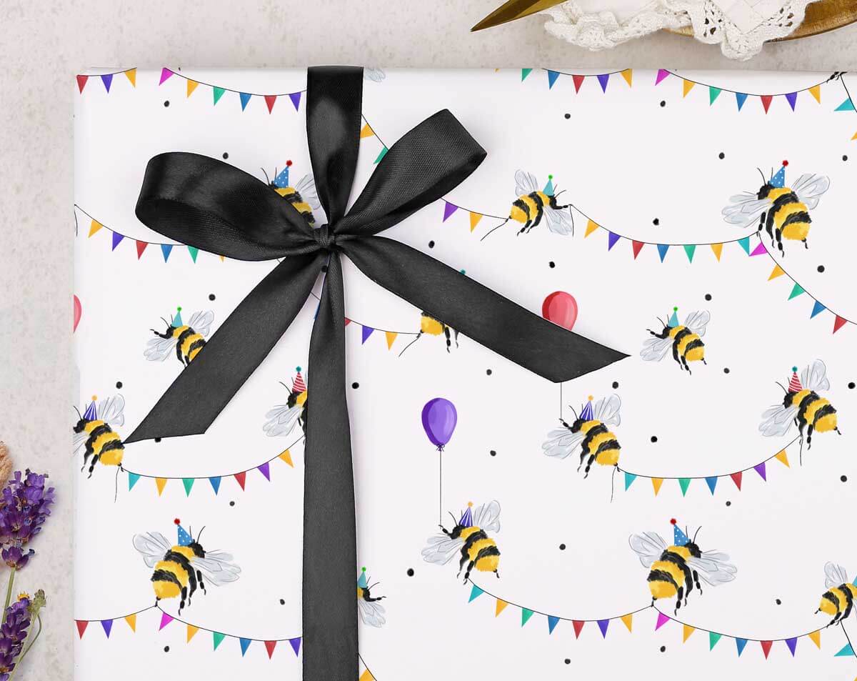 Bee party with bunting wrapping paper. Wrapping Paper designed by Making Meadows