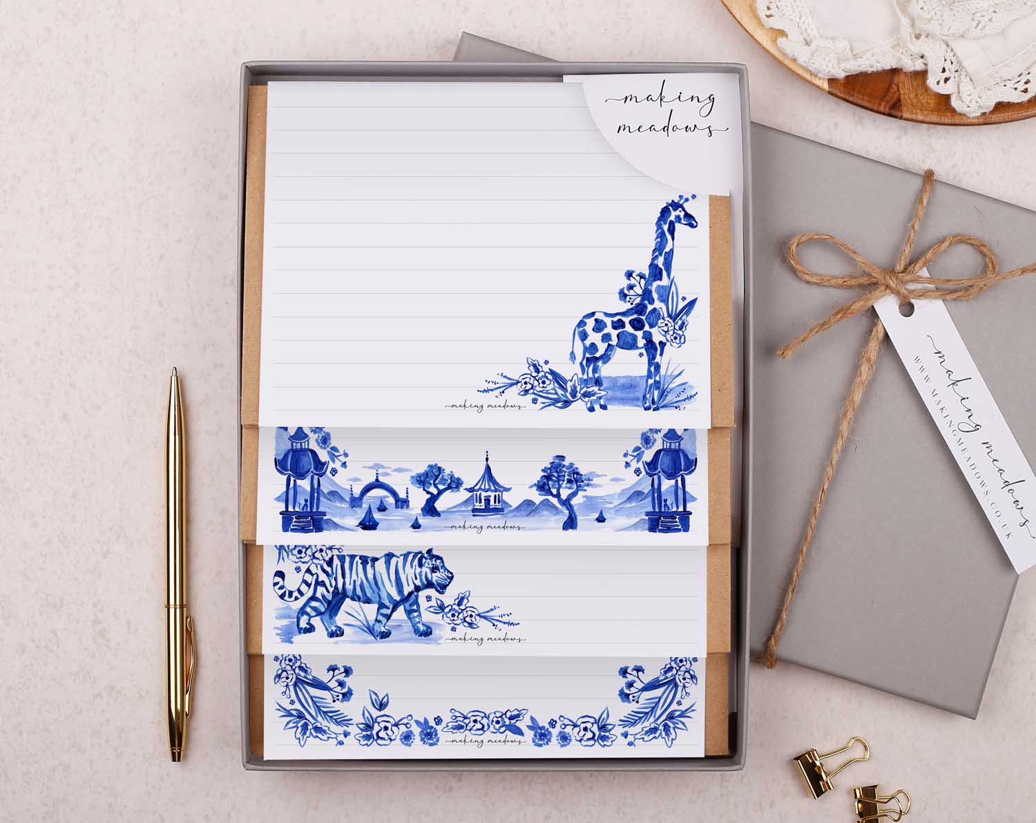 Blue Japanese Writing Paper Gift Box. Stationery designed by Making Meadows