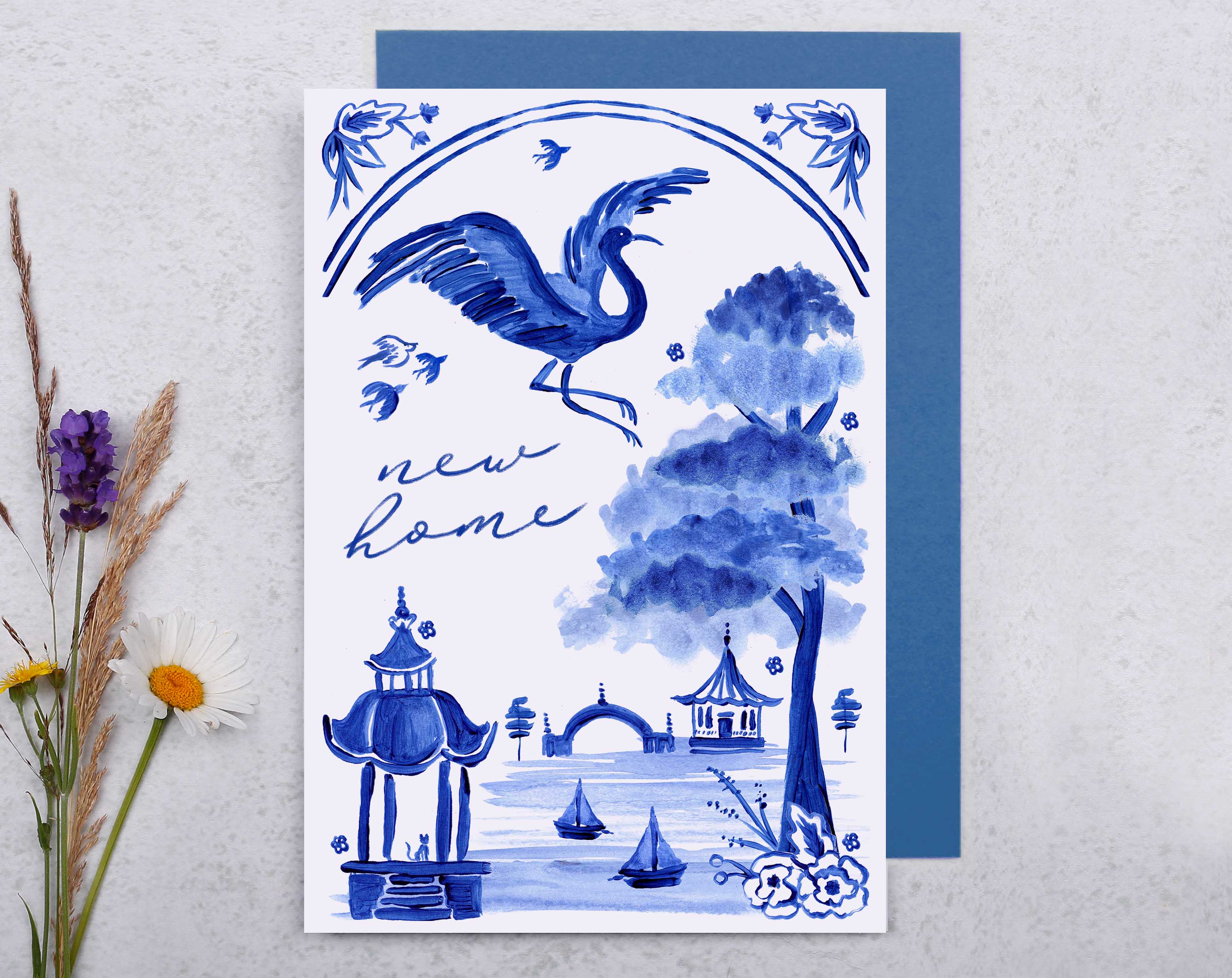 Blue Porcelain Bird New Home Card. Greeting & Note Cards designed by Making Meadows