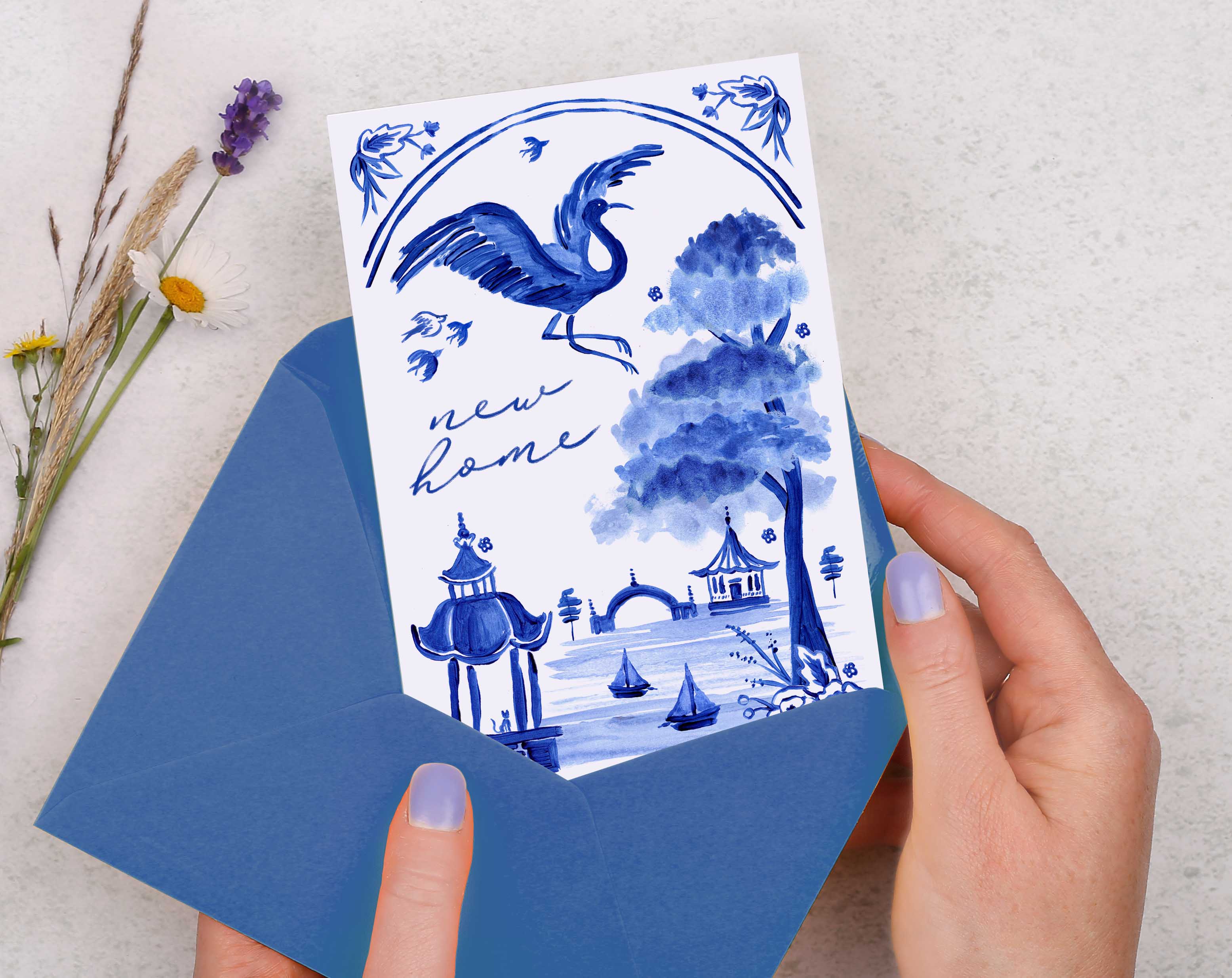 Blue Porcelain Bird New Home Card. Greeting & Note Cards designed by Making Meadows