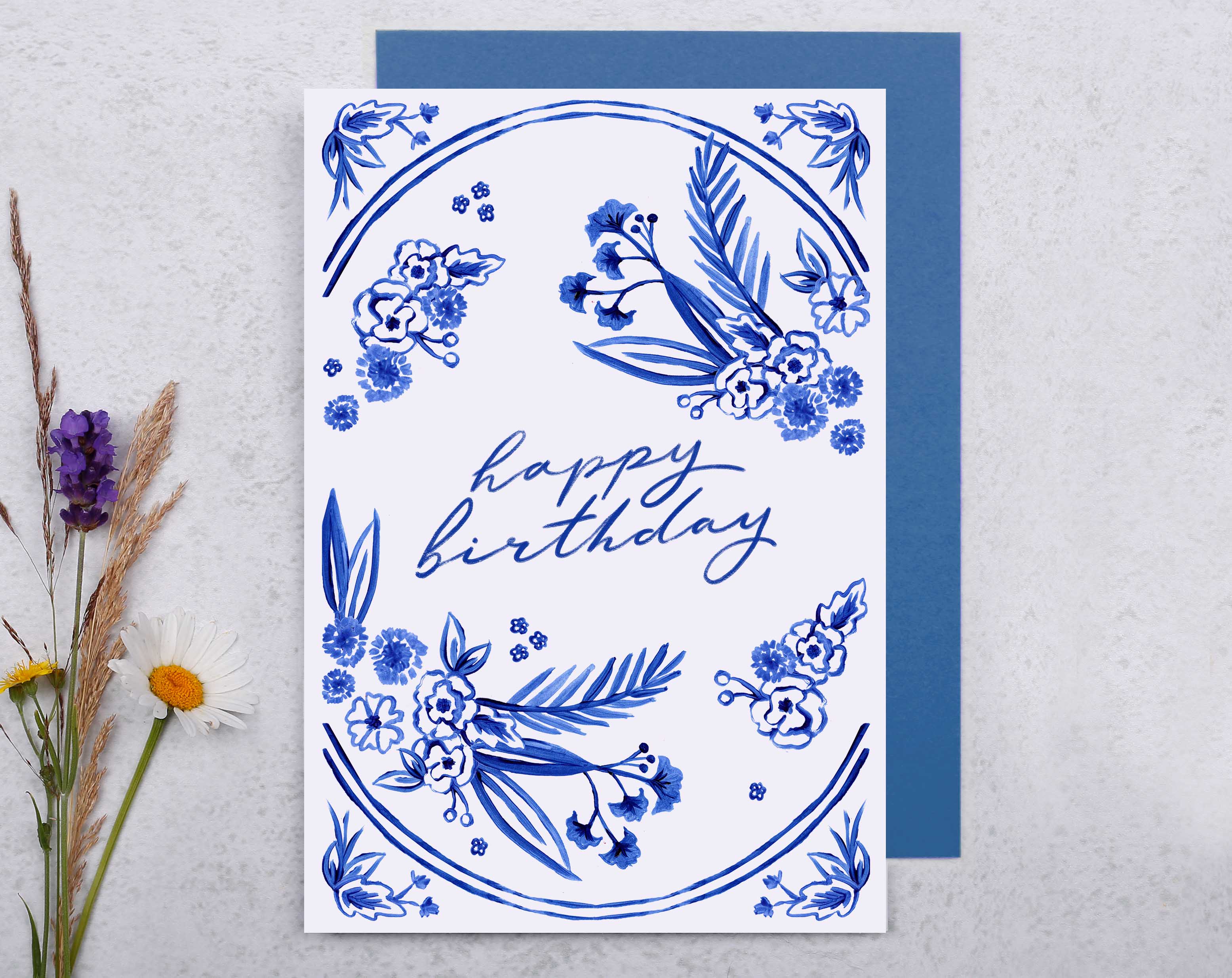 Blue Porcelain Floral Happy birthday Card. Greeting & Note Cards designed by Making Meadows