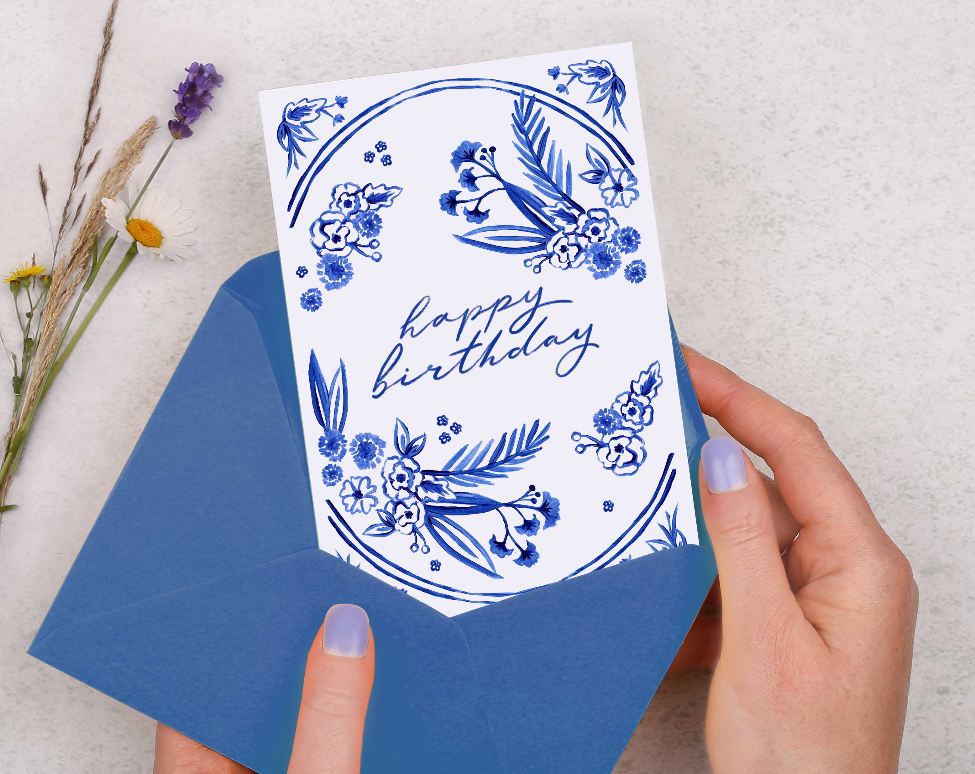 Blue Porcelain Floral Happy birthday Card. Greeting & Note Cards designed by Making Meadows
