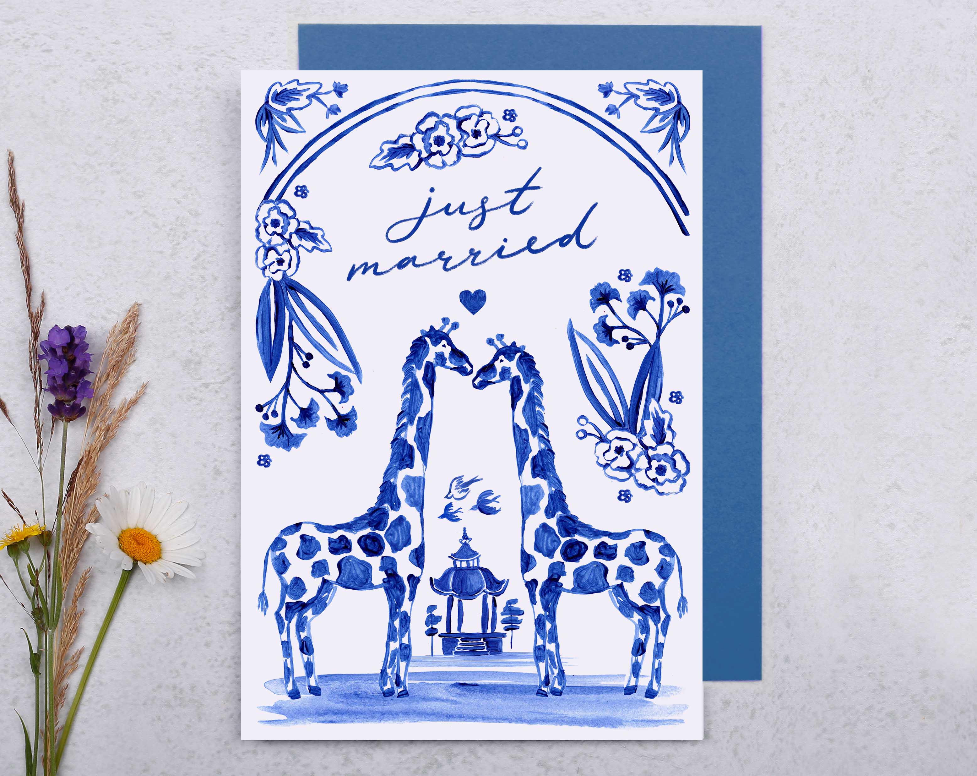 Blue Porcelain Giraffe Just Married Card. Greeting & Note Cards designed by Making Meadows