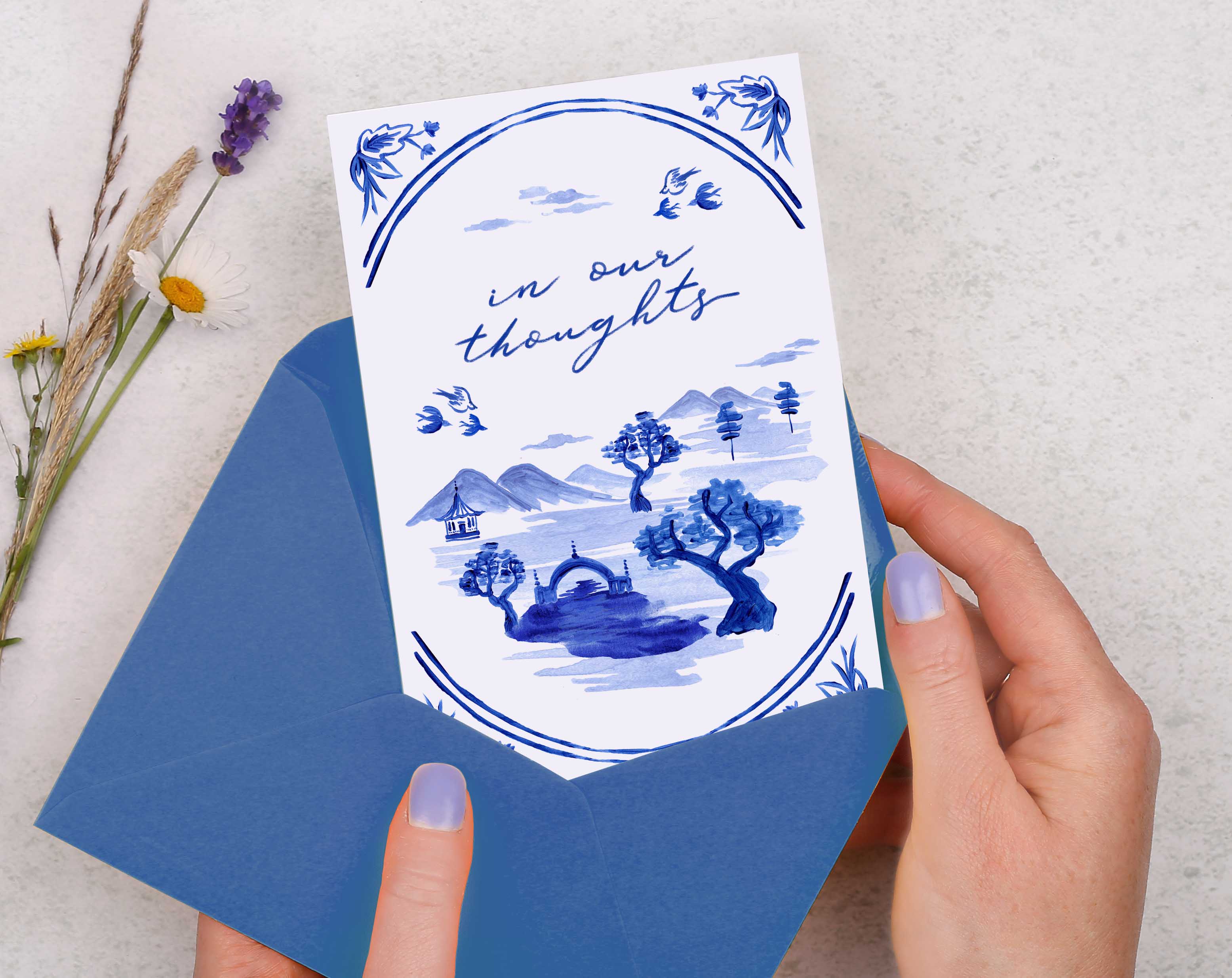 Blue Porcelain In Our Thoughts Card. Greeting & Note Cards designed by Making Meadows