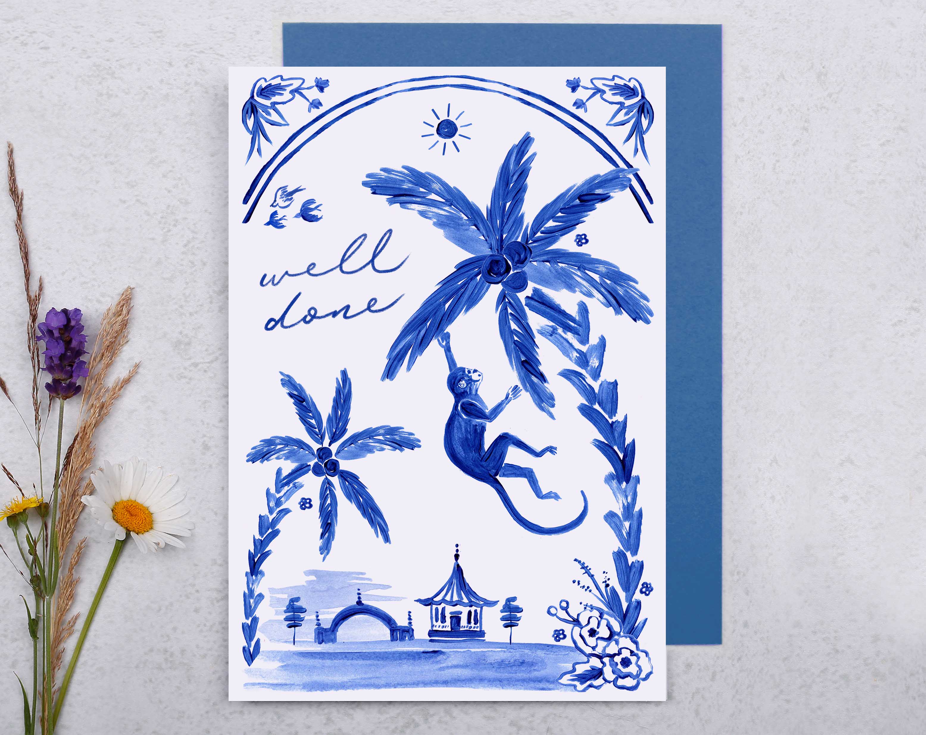 Blue Porcelain Monkey Well Done Card. Greeting & Note Cards designed by Making Meadows