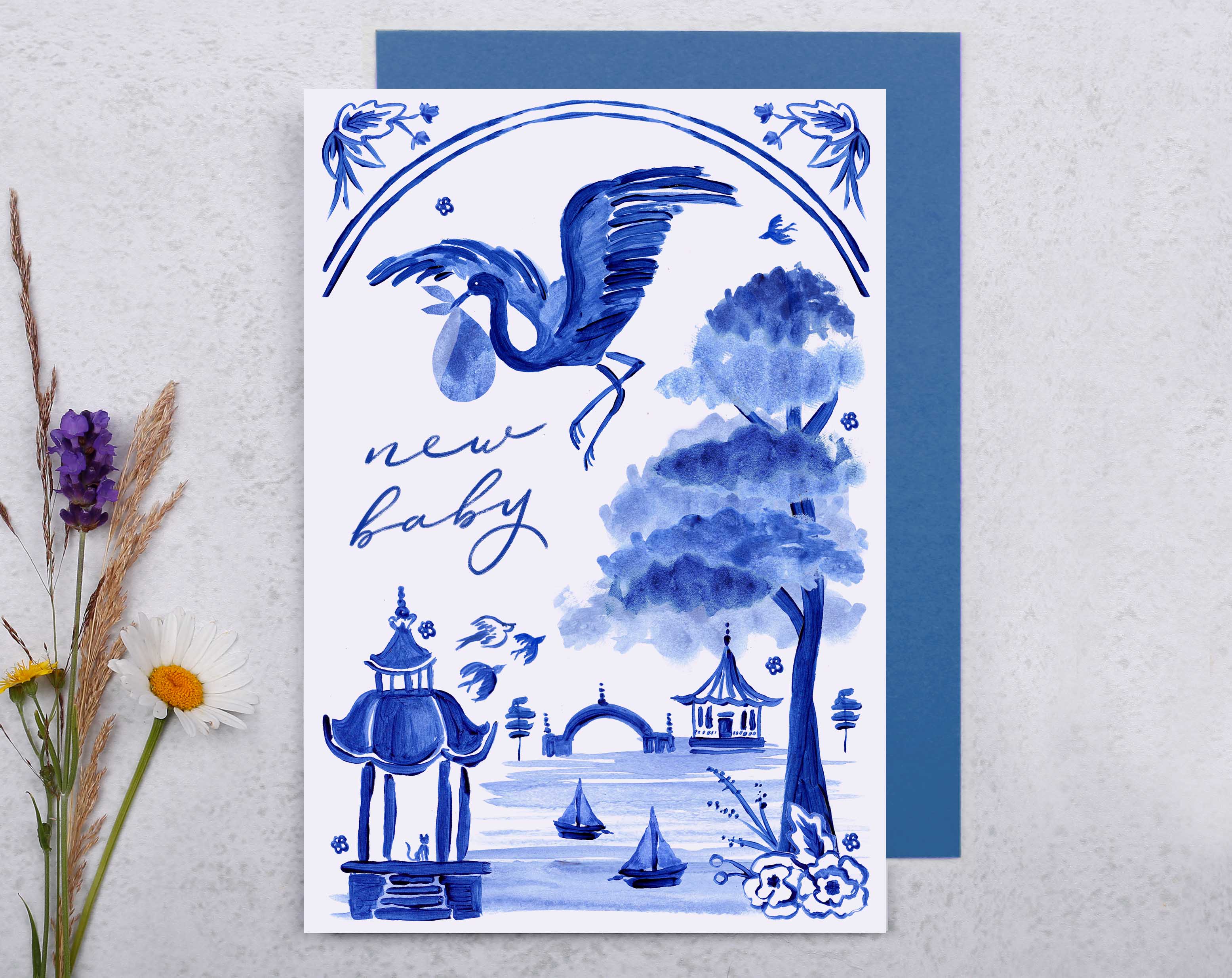 Blue Porcelain Stork New Baby Card. Greeting & Note Cards designed by Making Meadows