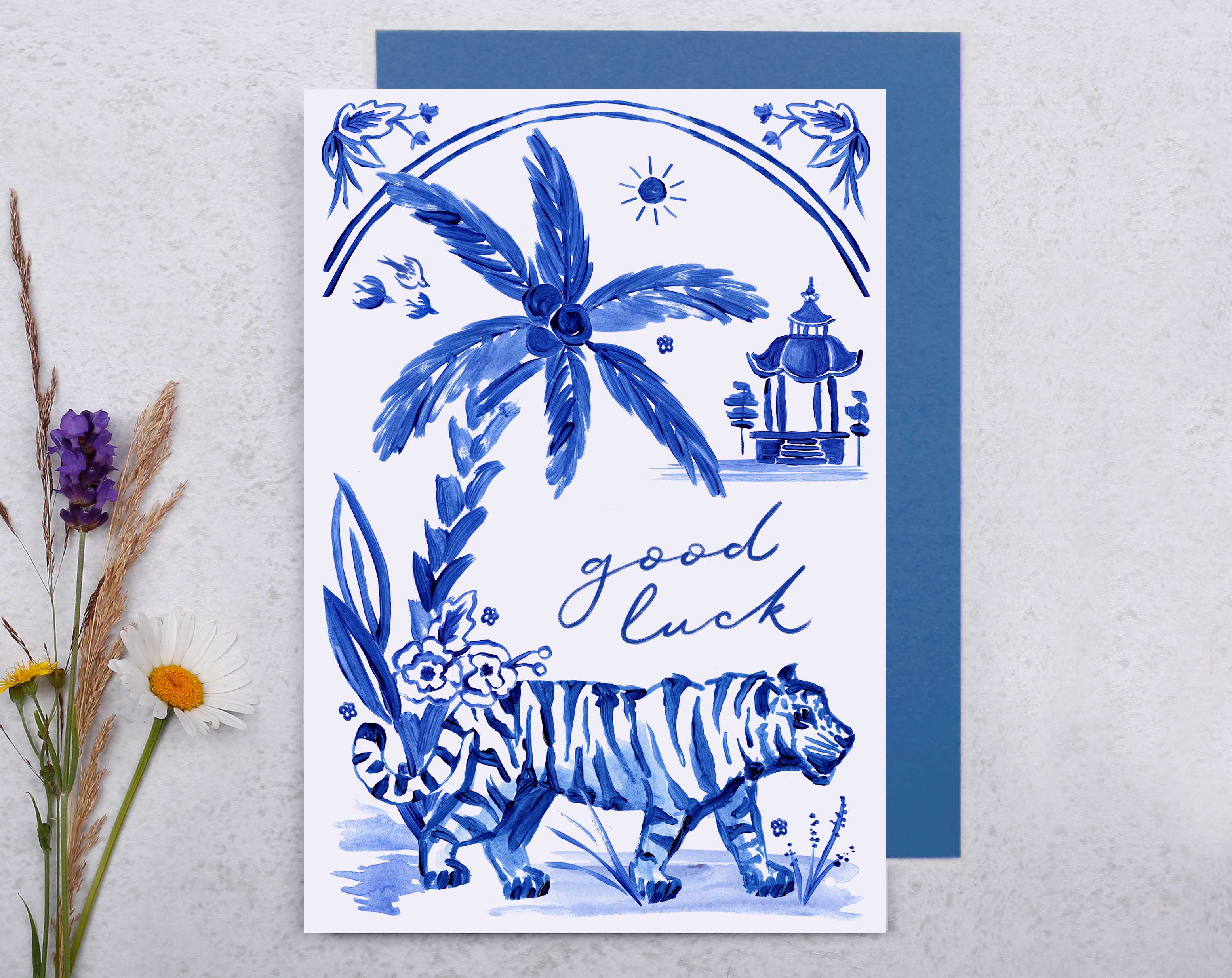 Blue Porcelain Tiger Good Luck Card. Greeting & Note Cards designed by Making Meadows