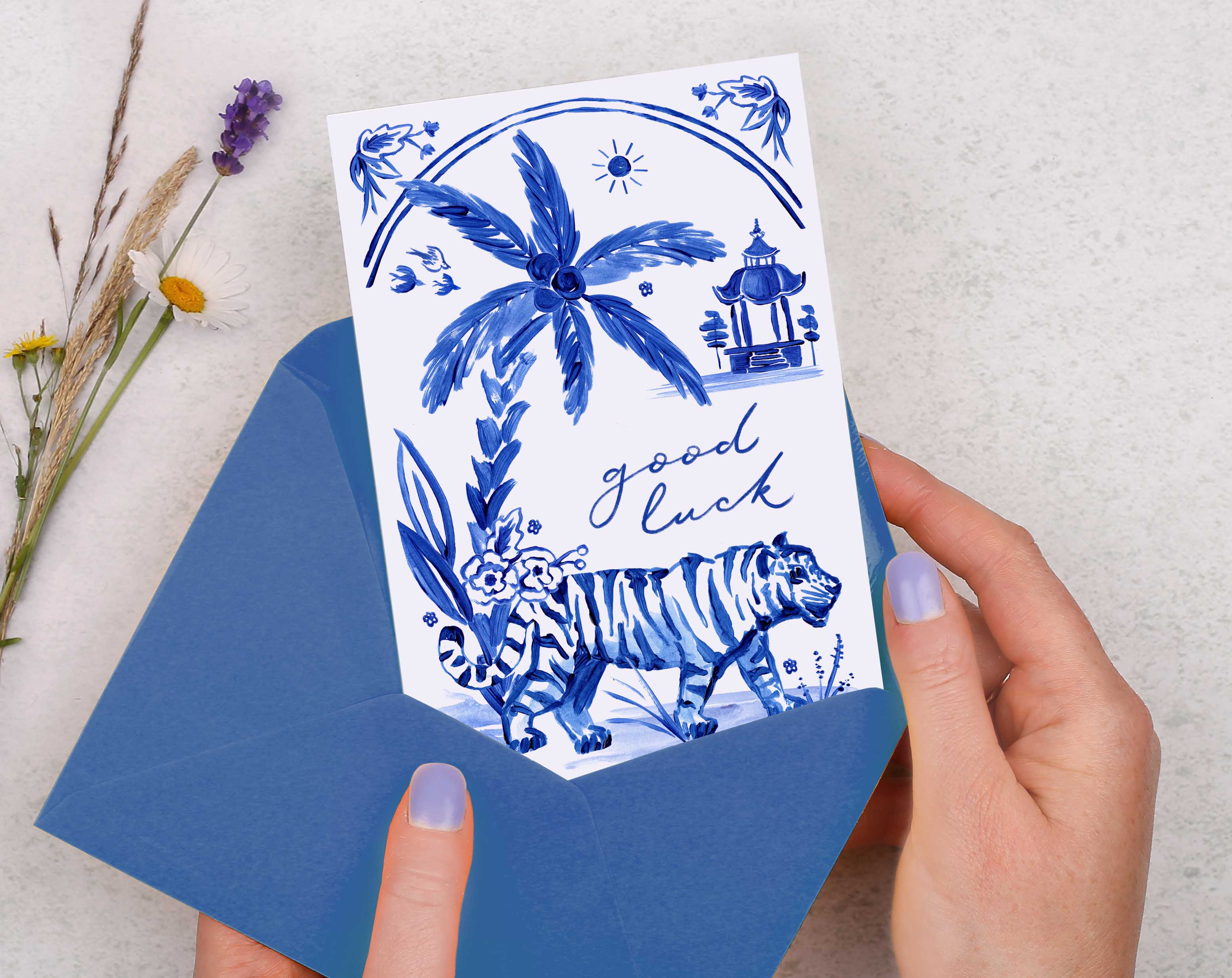 Blue Porcelain Tiger Good Luck Card. Greeting & Note Cards designed by Making Meadows