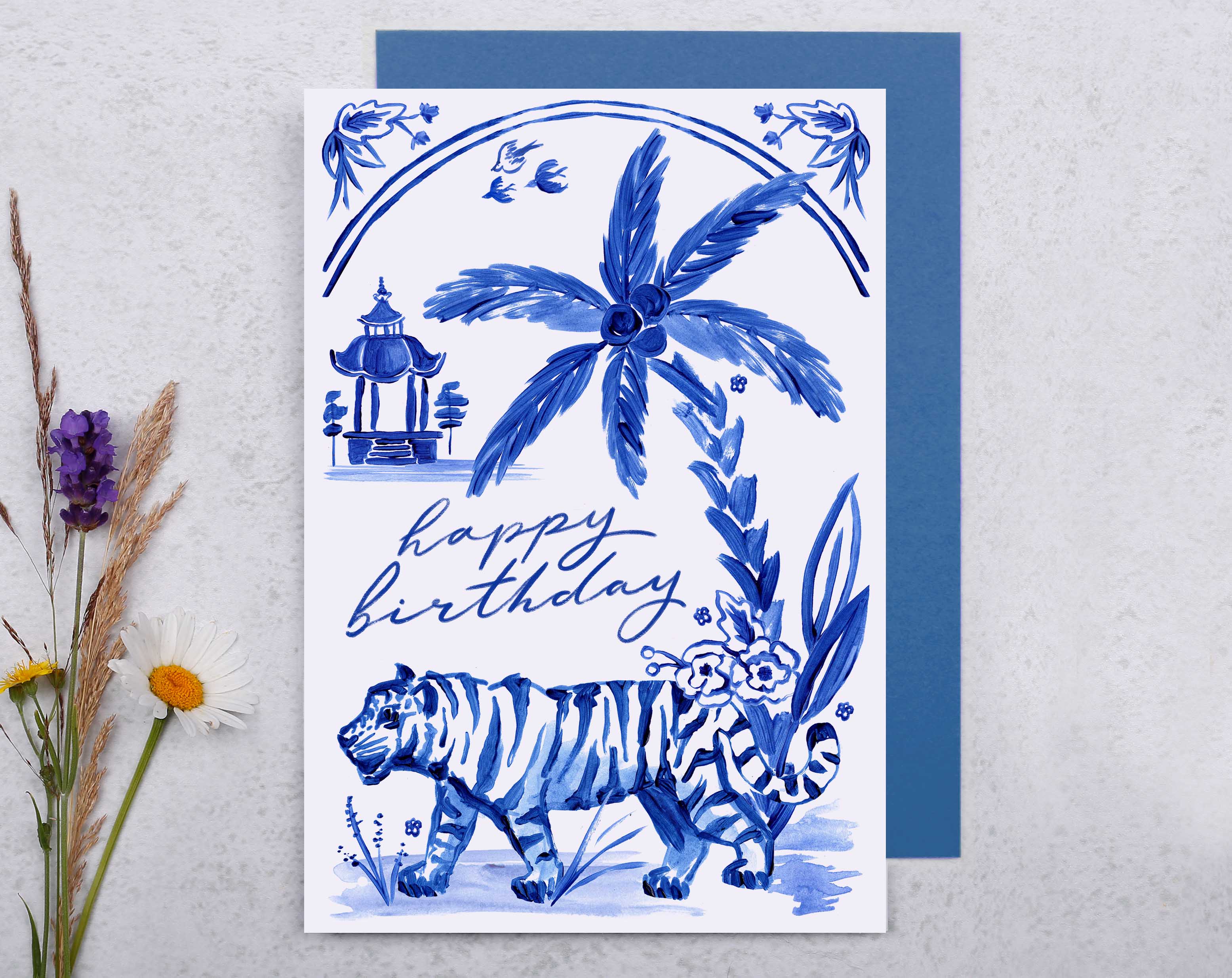 Blue Porcelain Tiger Happy Birthday Card. Greeting & Note Cards designed by Making Meadows