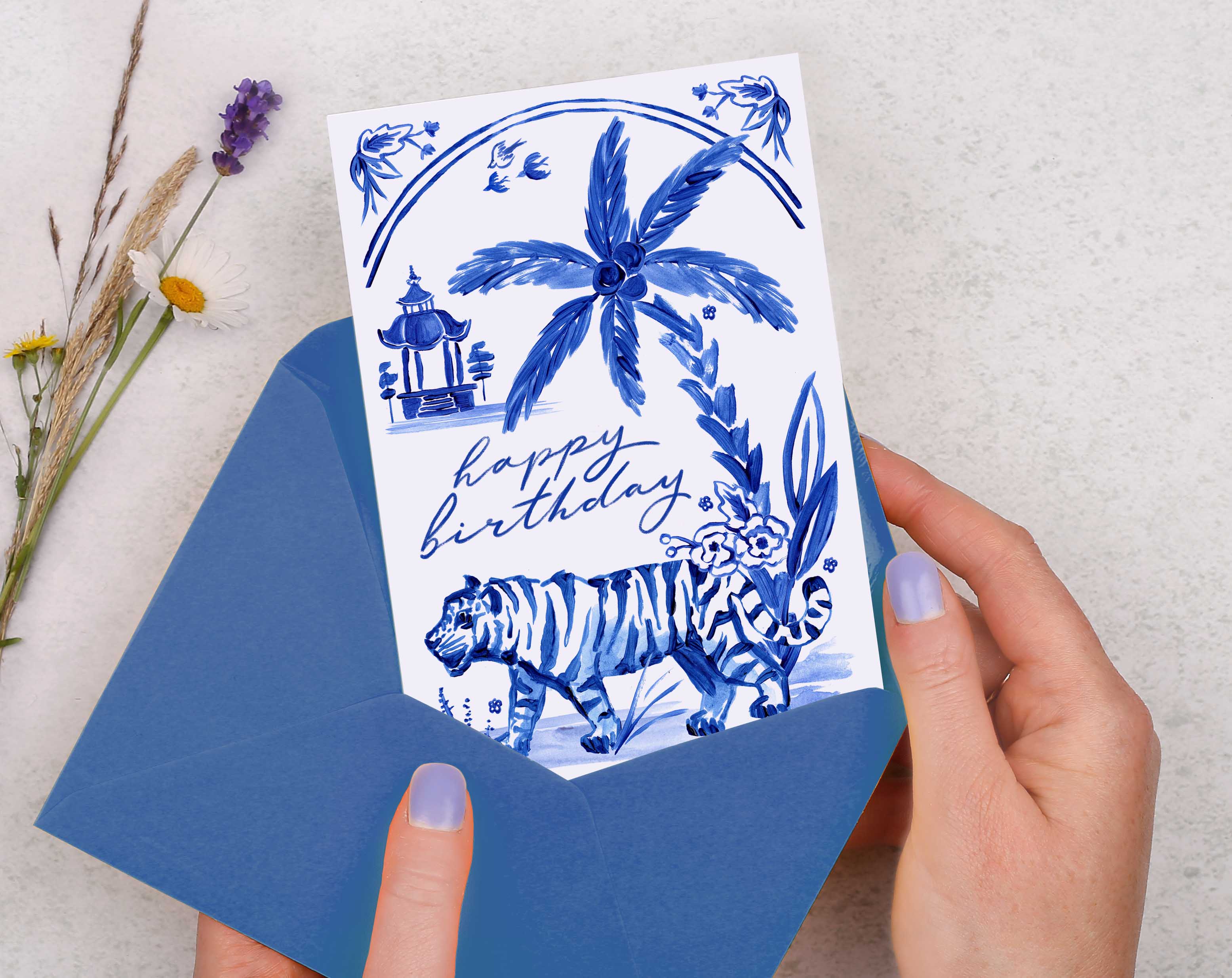 Blue Porcelain Tiger Happy Birthday Card. Greeting & Note Cards designed by Making Meadows
