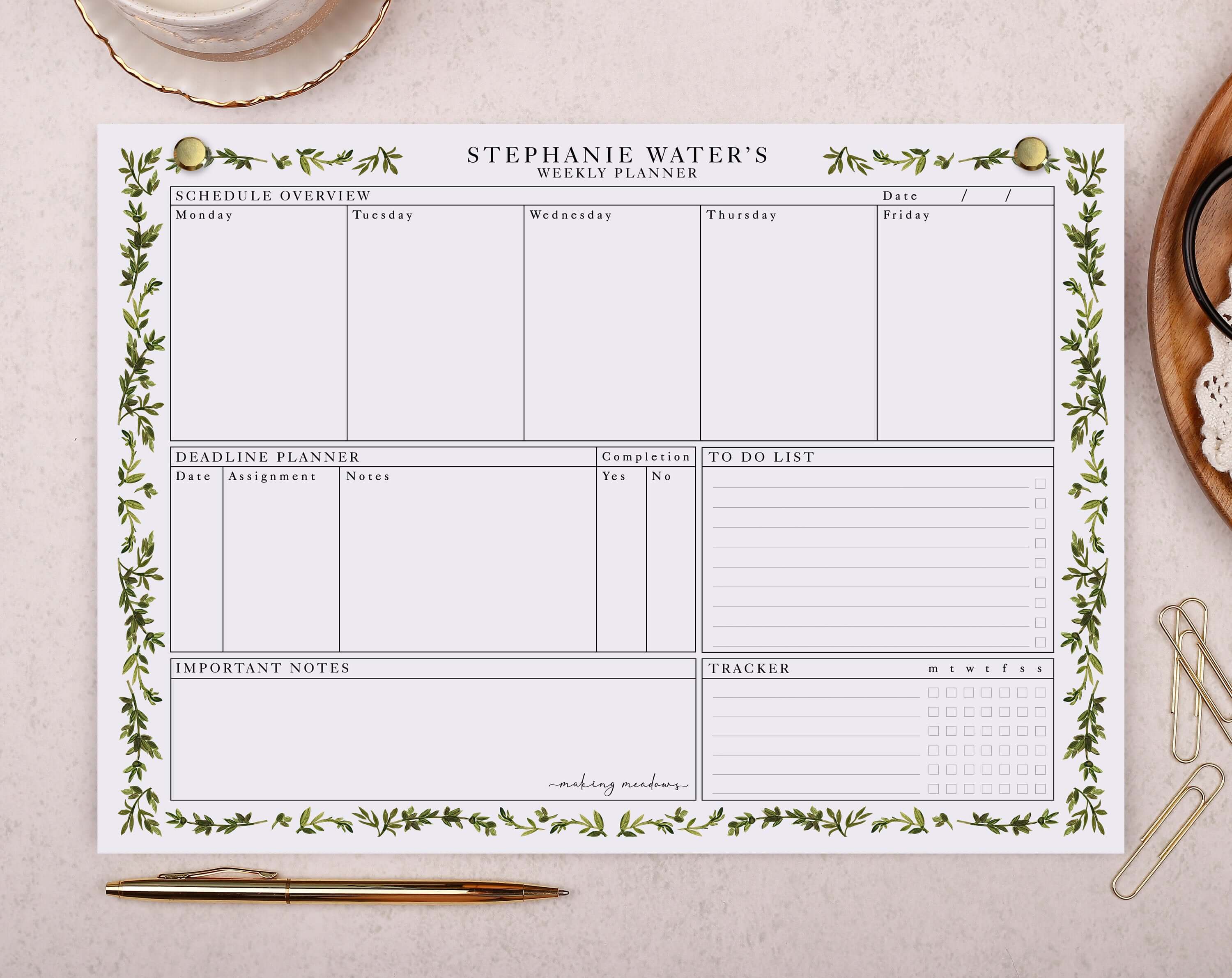 Botanical Leaf Personalised Weekly Planner Pad. Planners designed by Making Meadows
