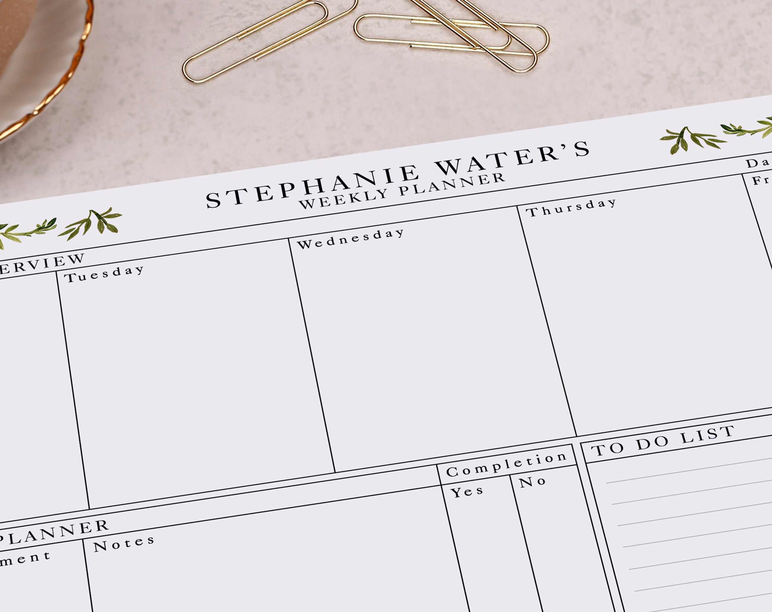 Botanical Leaf Personalised Weekly Planner Pad. Planners designed by Making Meadows