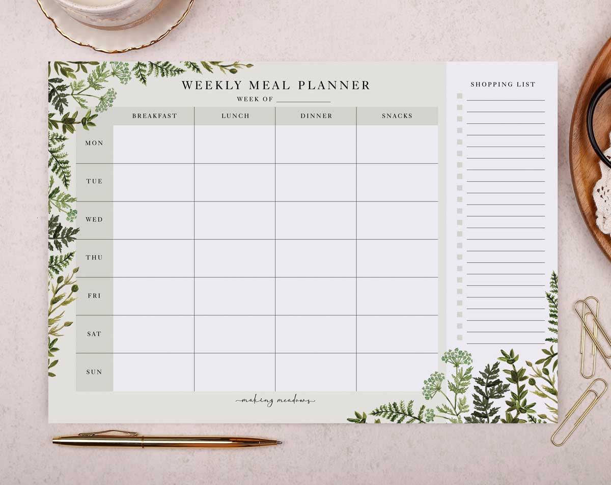 Botanical Weekly Meal Planner Pad. Desk Pads & Blotters designed by Making Meadows