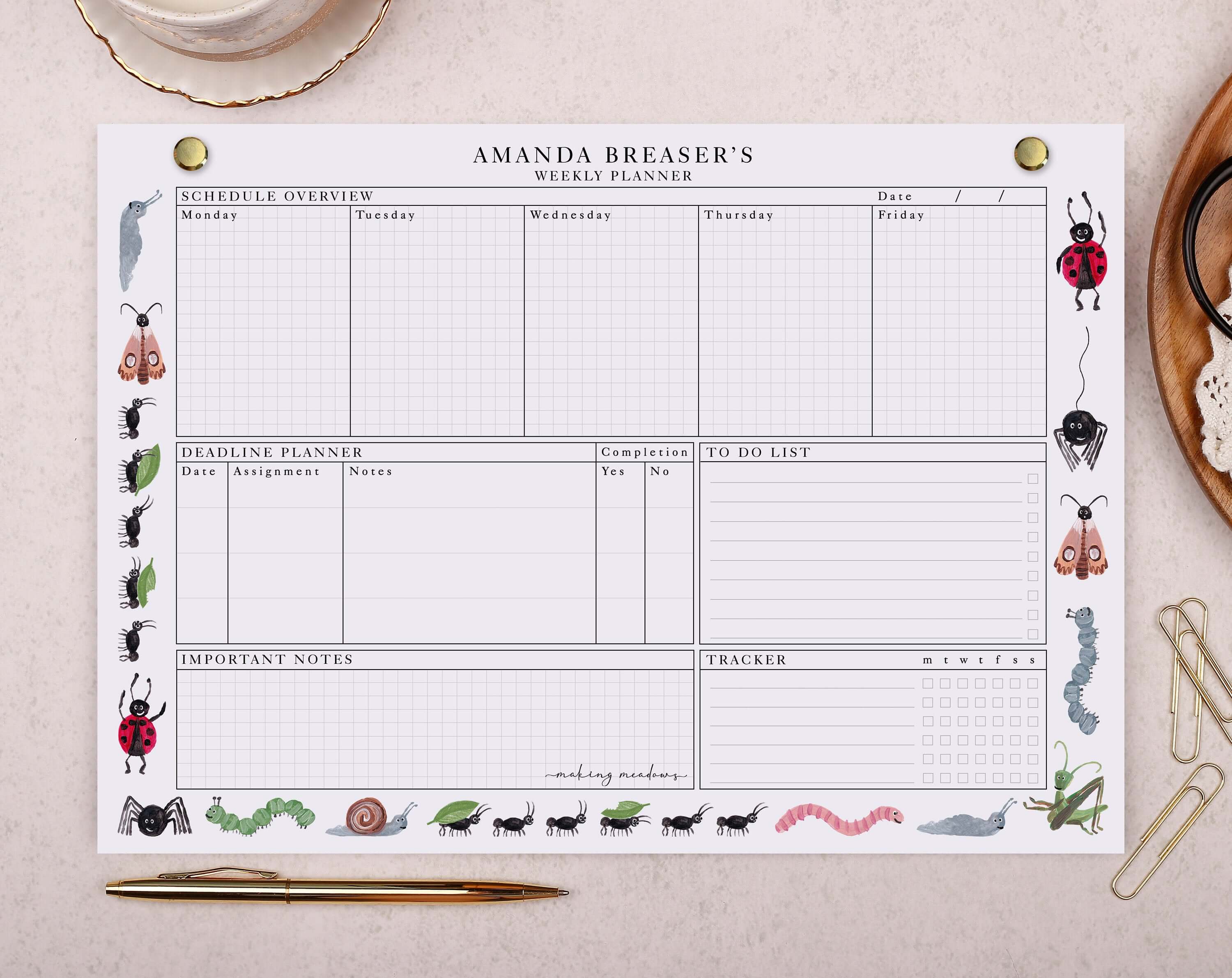 Bug & Insect Personalised Weekly Planner Pad. Planners designed by Making Meadows