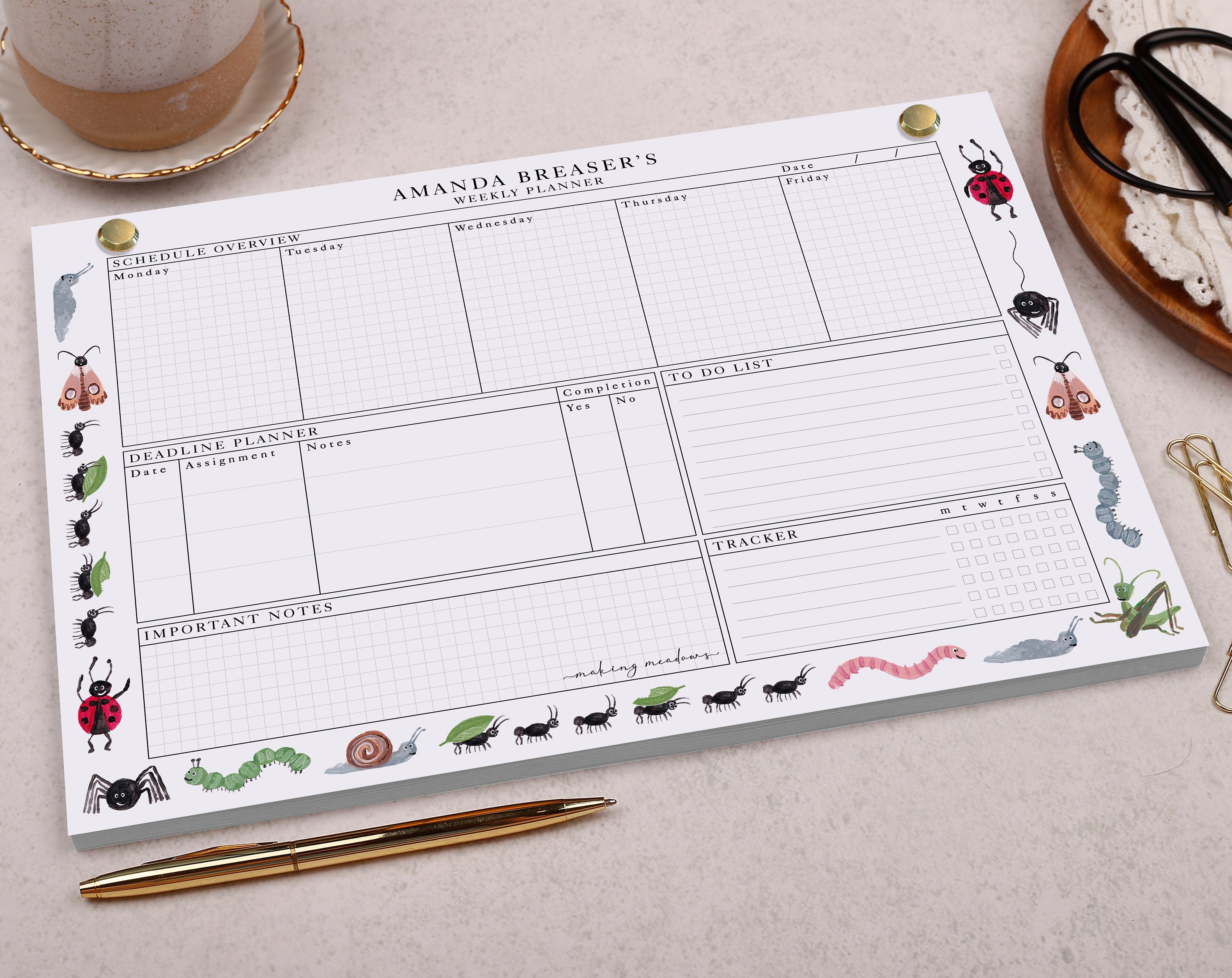 Bug & Insect Personalised Weekly Planner Pad. Planners designed by Making Meadows