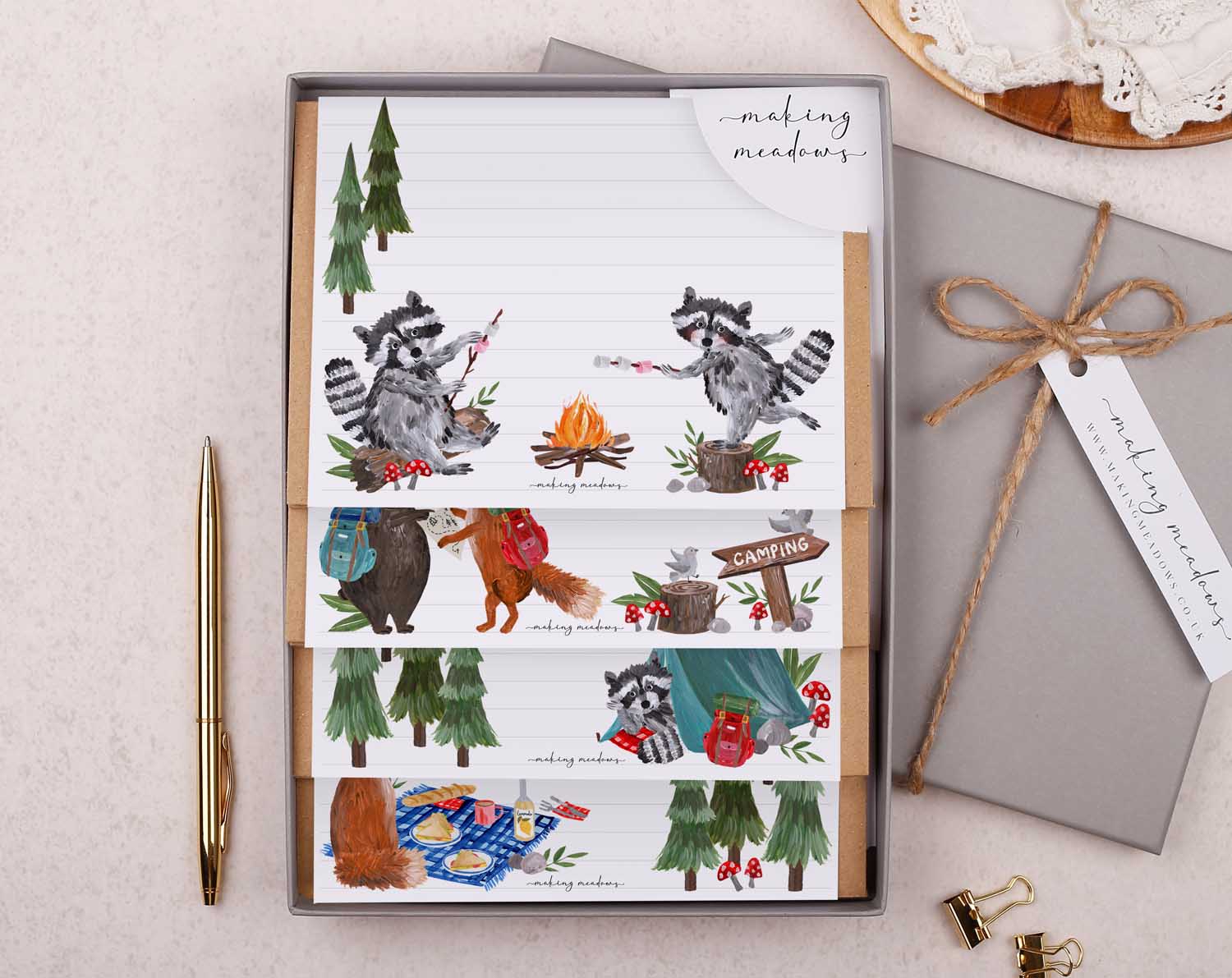 Camping Animals Writing Paper Gift Box. Stationery designed by Making Meadows