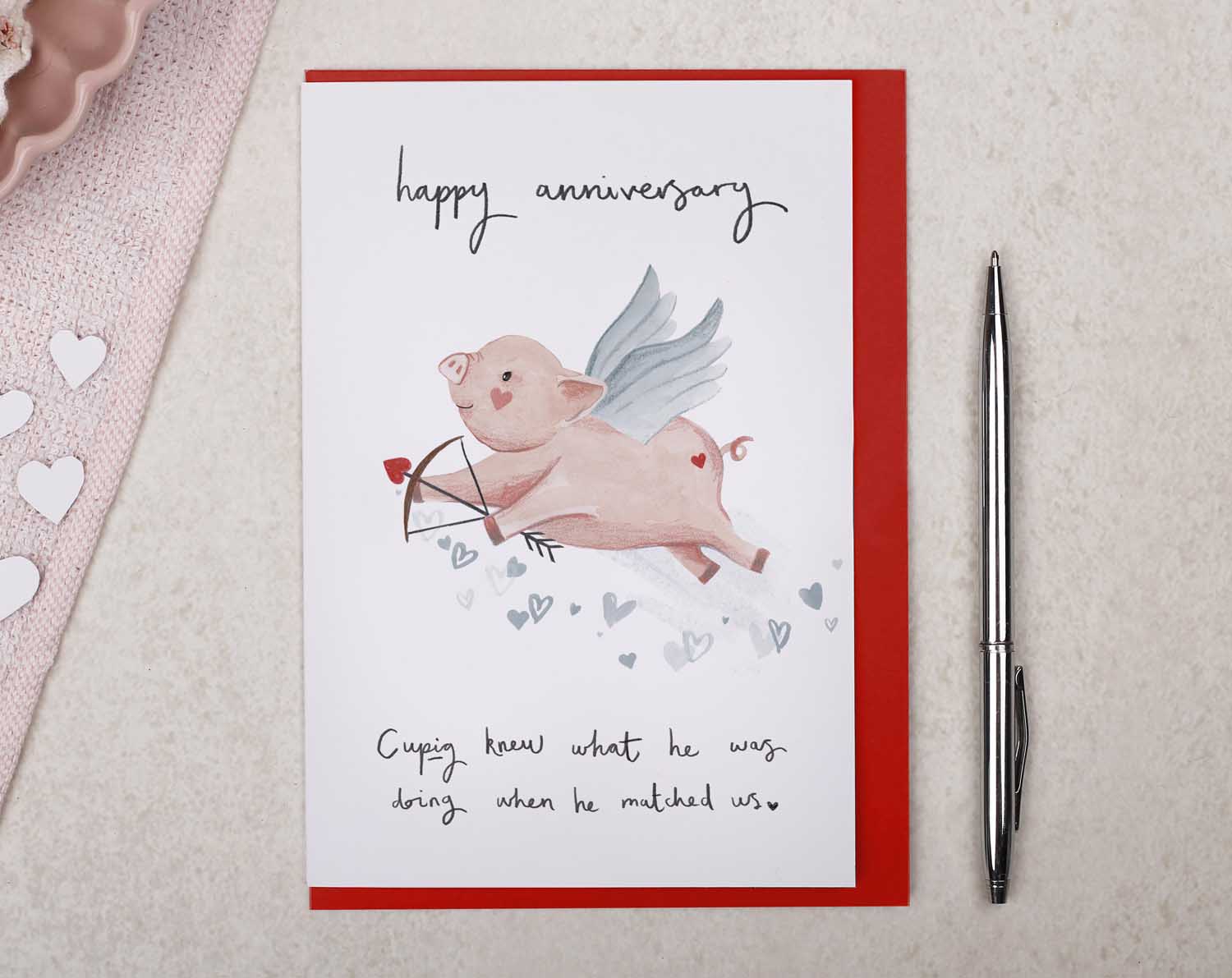 Cute Cupid Pig Anniversary Card. Greeting Cards designed by Making Meadows