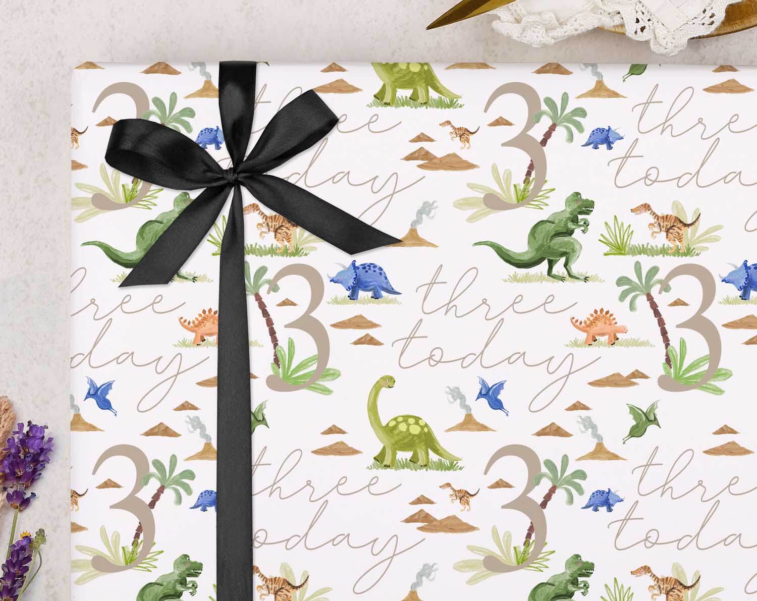 Dinosaur 3rd Birthday Wrapping Paper. Wrapping Paper designed by Making Meadows