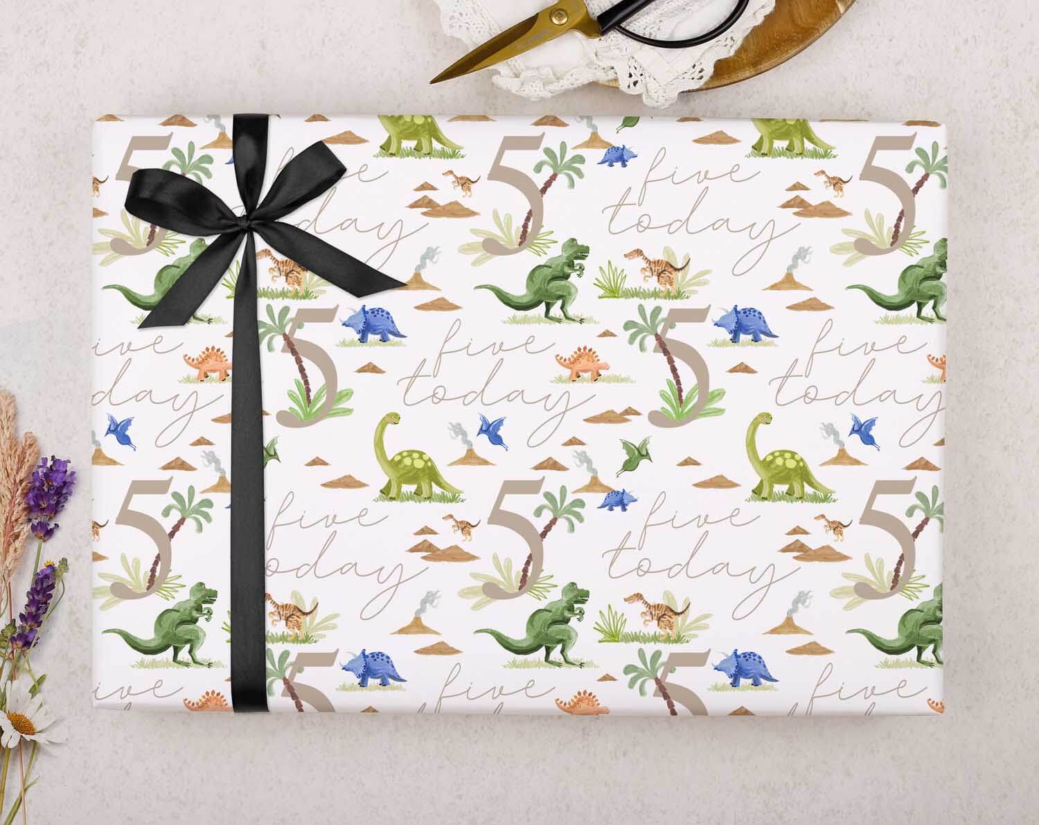 Dinosaur 5th Birthday Wrapping Paper. Wrapping Paper designed by Making Meadows