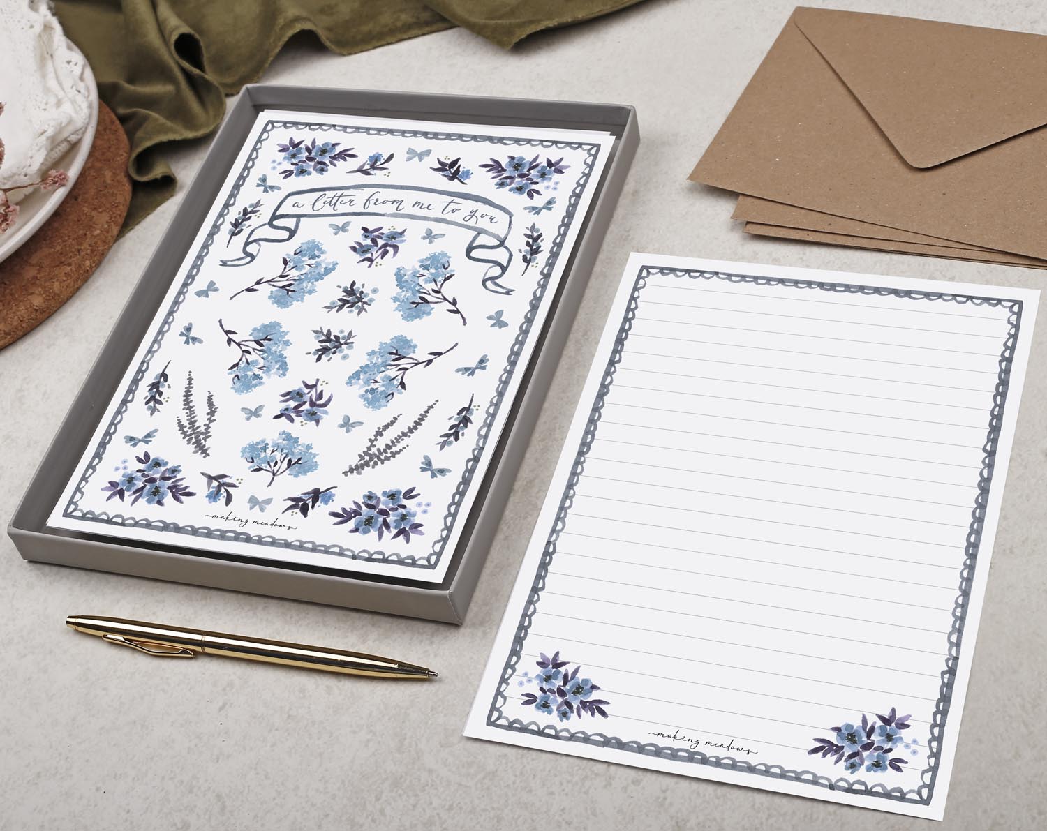 Double Sided A5 Writing Paper With Blue Flowers. Stationery designed by Making Meadows