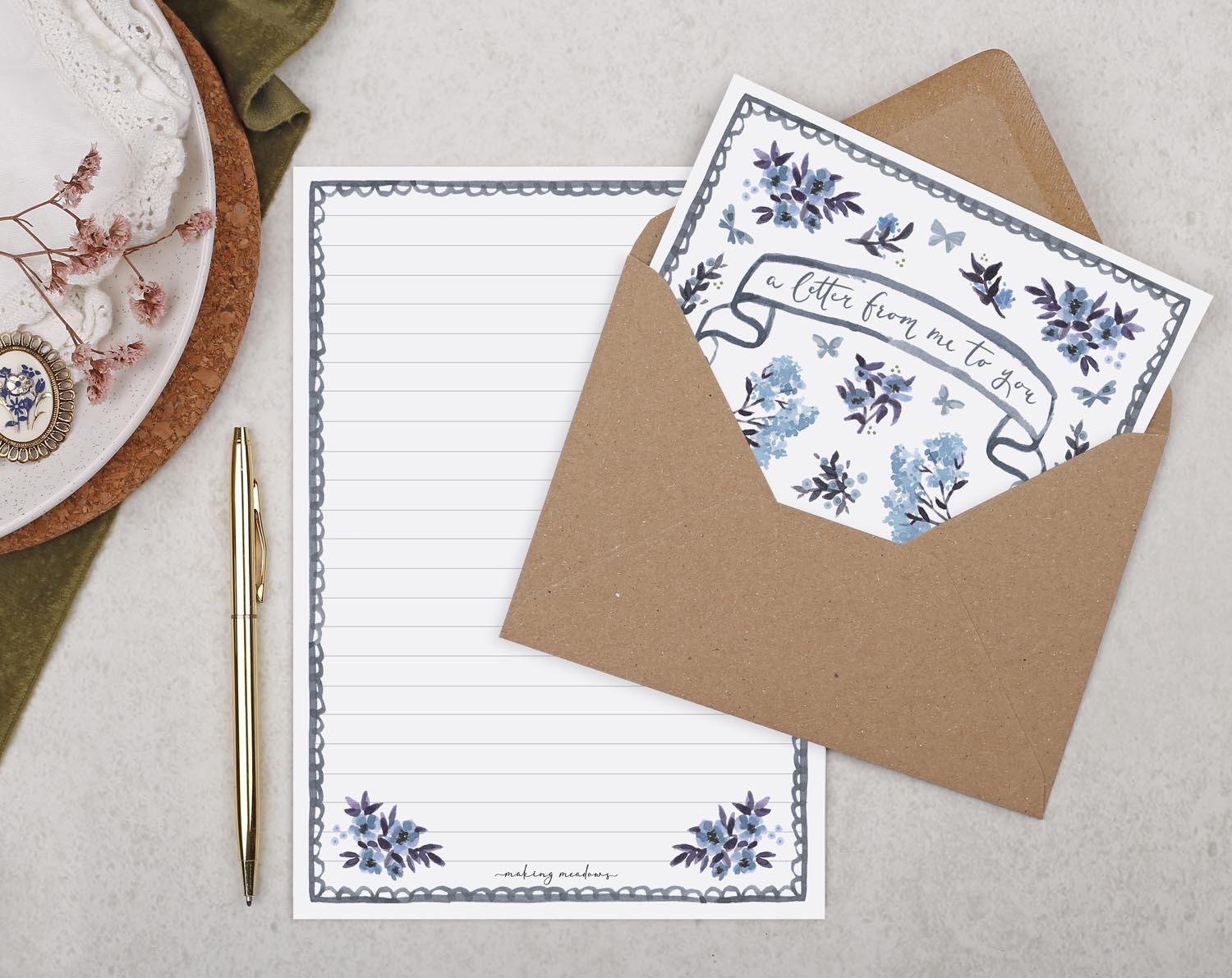Double Sided A5 Writing Paper With Blue Flowers. Stationery designed by Making Meadows