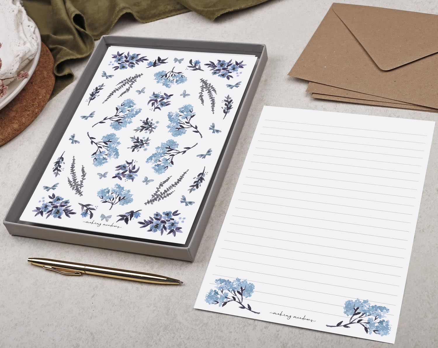 Double Sided A5 Writing Paper With Ditsy Blue Flowers. Stationery designed by Making Meadows