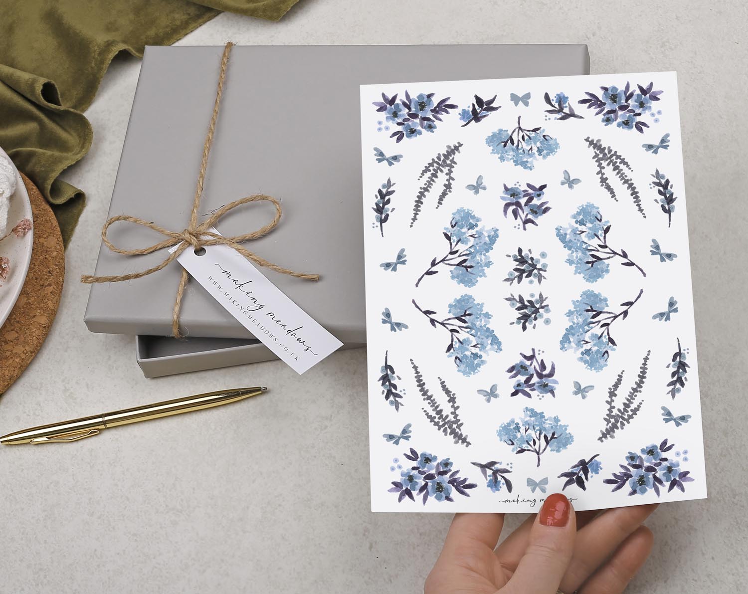 Double Sided A5 Writing Paper With Ditsy Blue Flowers. Stationery designed by Making Meadows