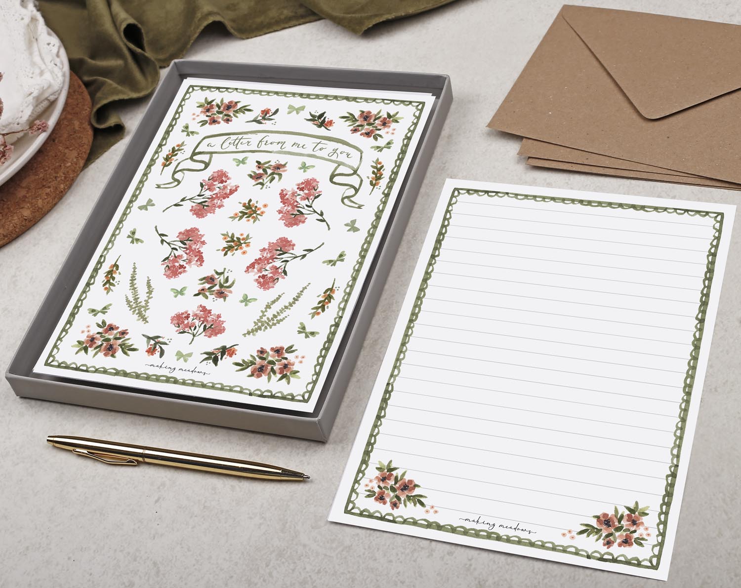 Double Sided A5 Writing Paper With Ditsy Pink Flowers. Stationery designed by Making Meadows
