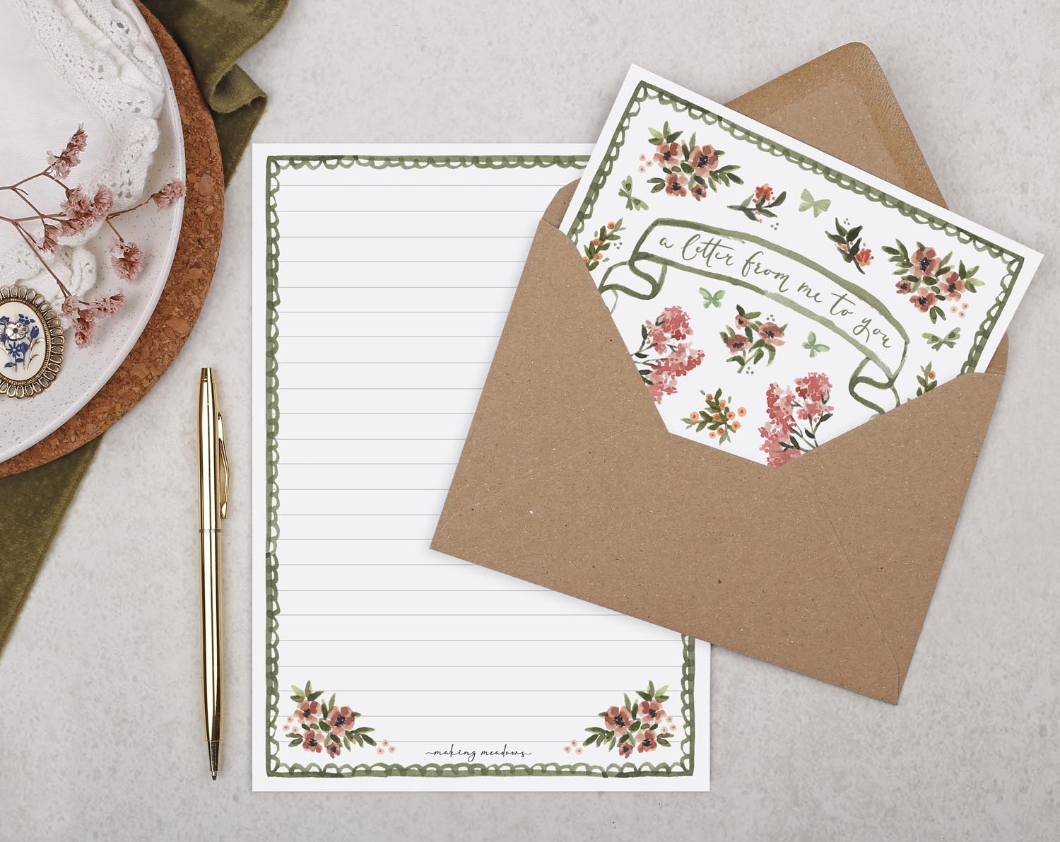 Double Sided A5 Writing Paper With Ditsy Pink Flowers. Stationery designed by Making Meadows