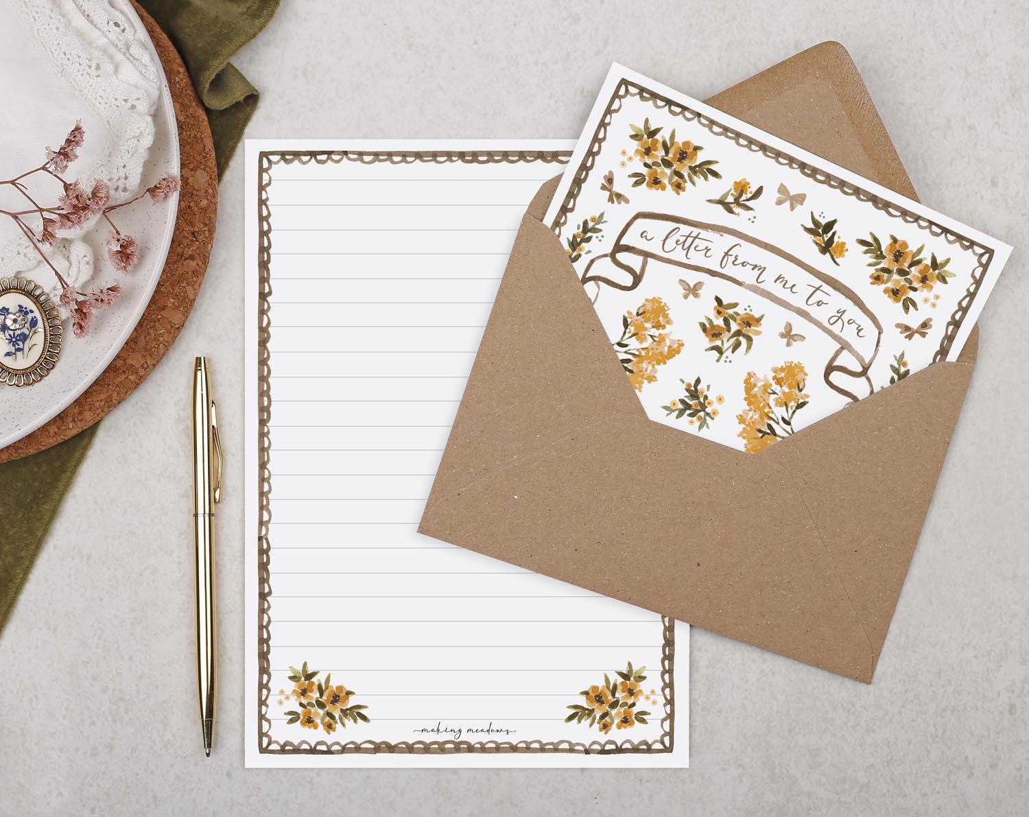 Double Sided A5 Writing Paper With Orange Flowers. Stationery designed by Making Meadows