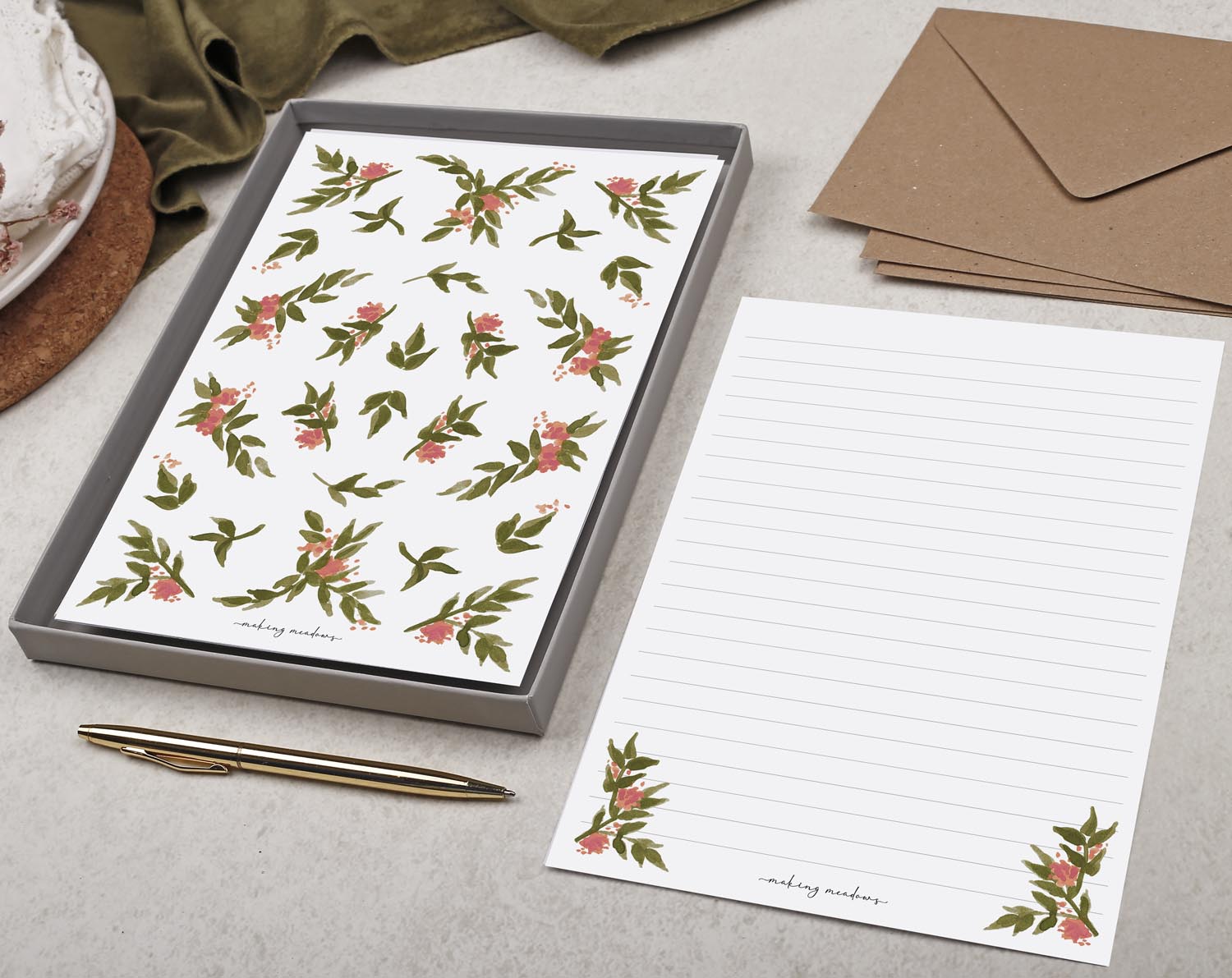 Double Sided A5 Writing Paper With Pink Flowers. Stationery designed by Making Meadows