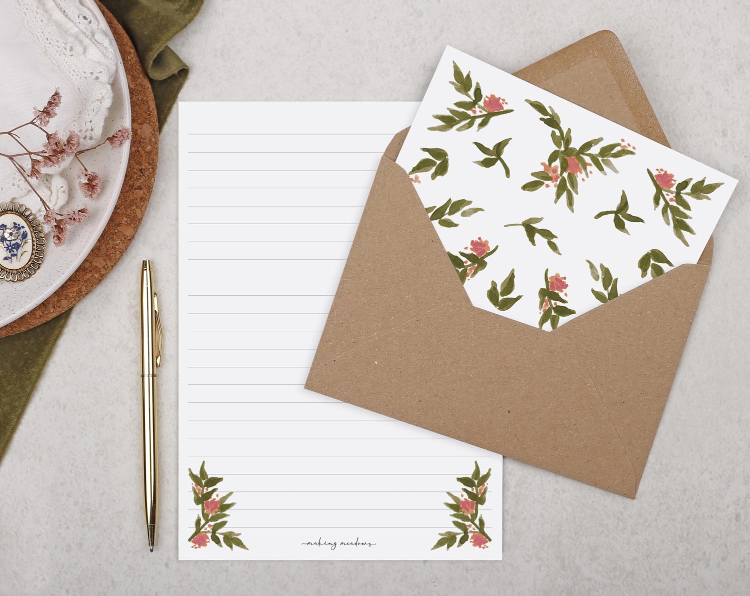 Double Sided A5 Writing Paper With Pink Flowers. Stationery designed by Making Meadows