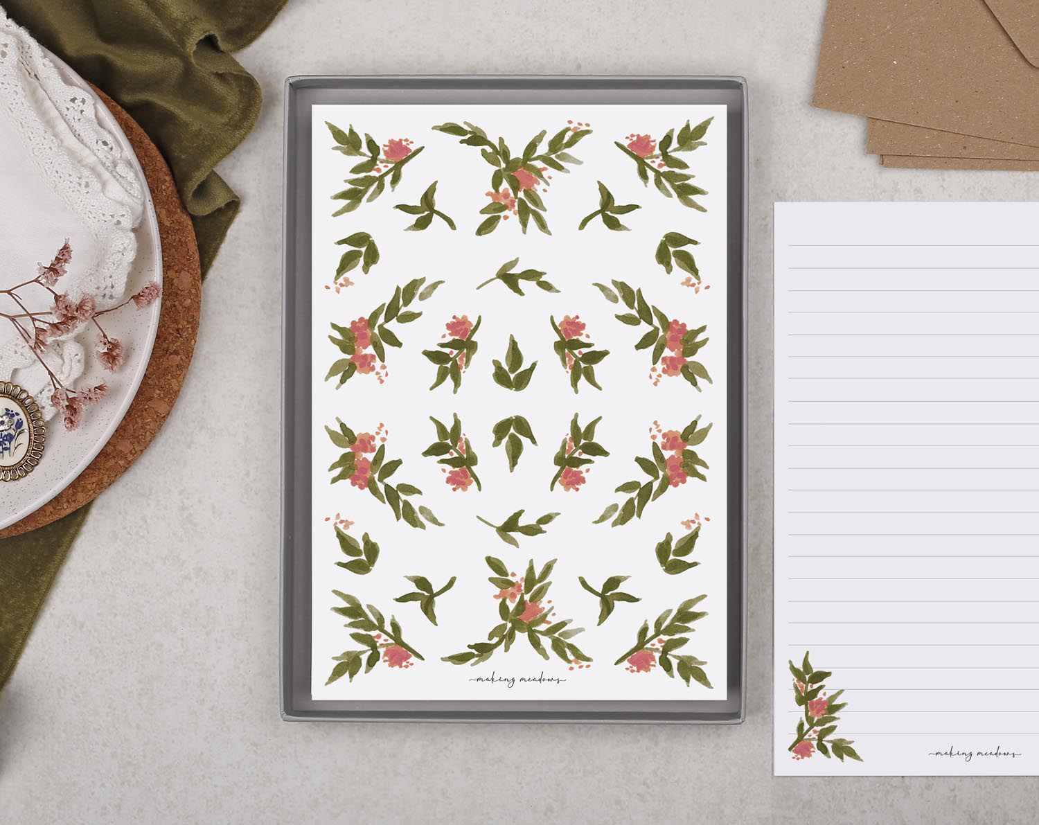 Double Sided A5 Writing Paper With Pink Flowers. Stationery designed by Making Meadows