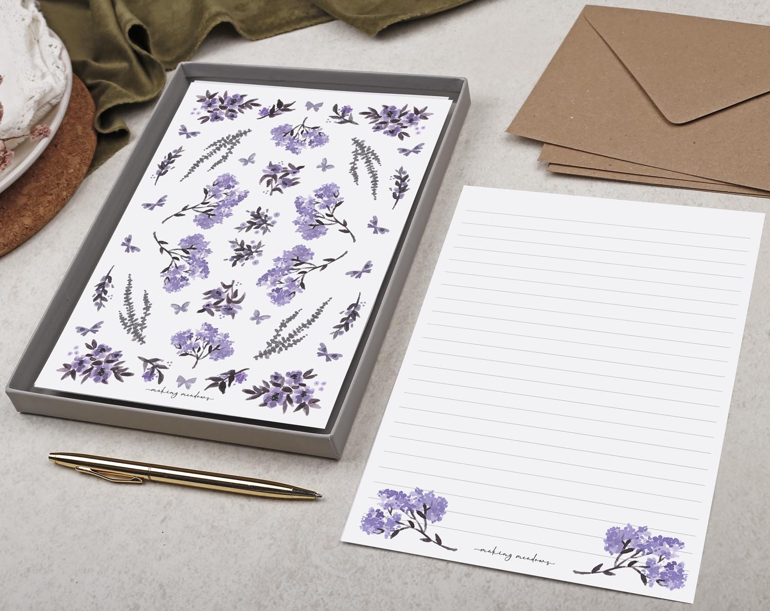 Double Sided A5 Writing Paper With Purple Flowers. Stationery designed by Making Meadows