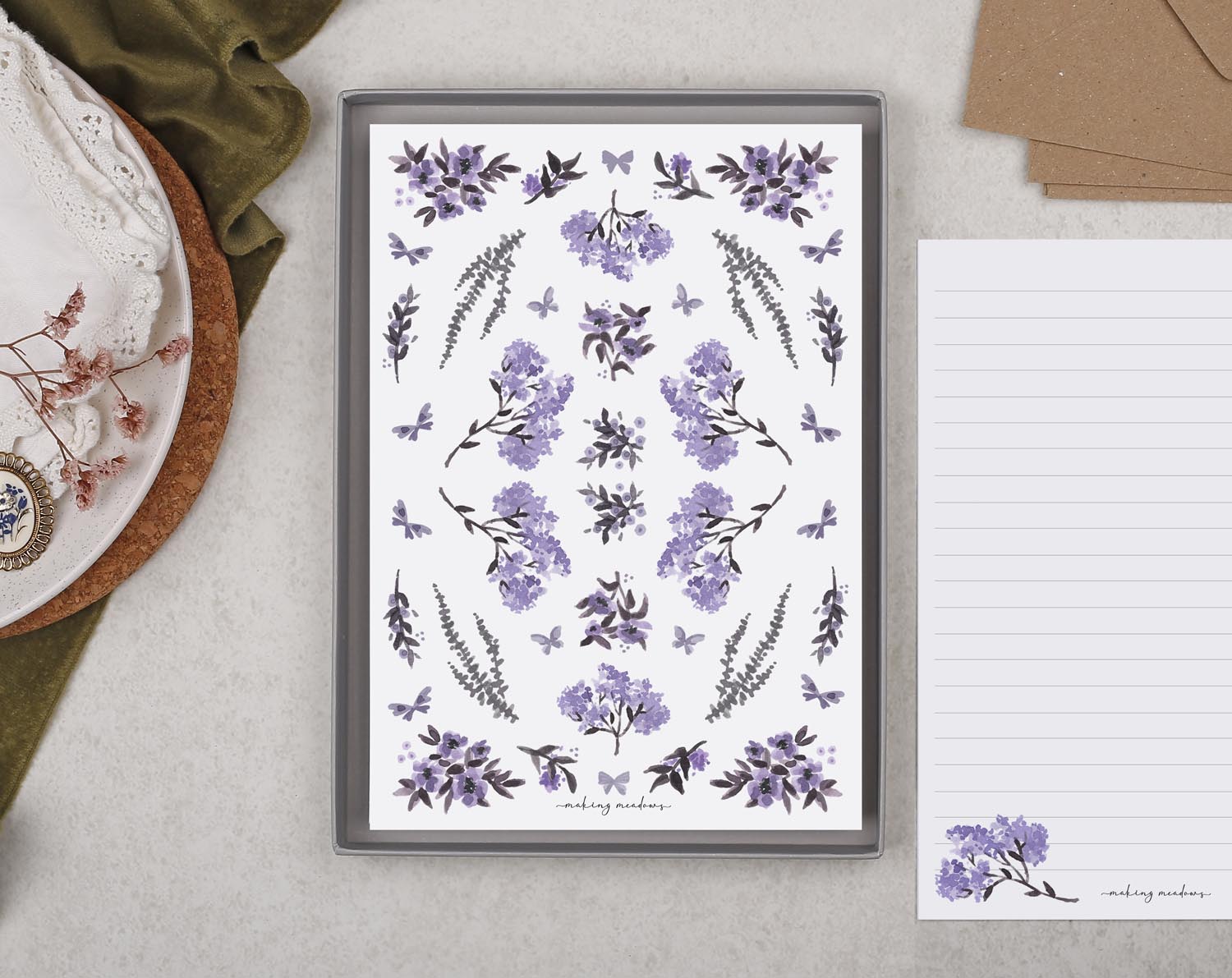 Double Sided A5 Writing Paper With Purple Flowers. Stationery designed by Making Meadows