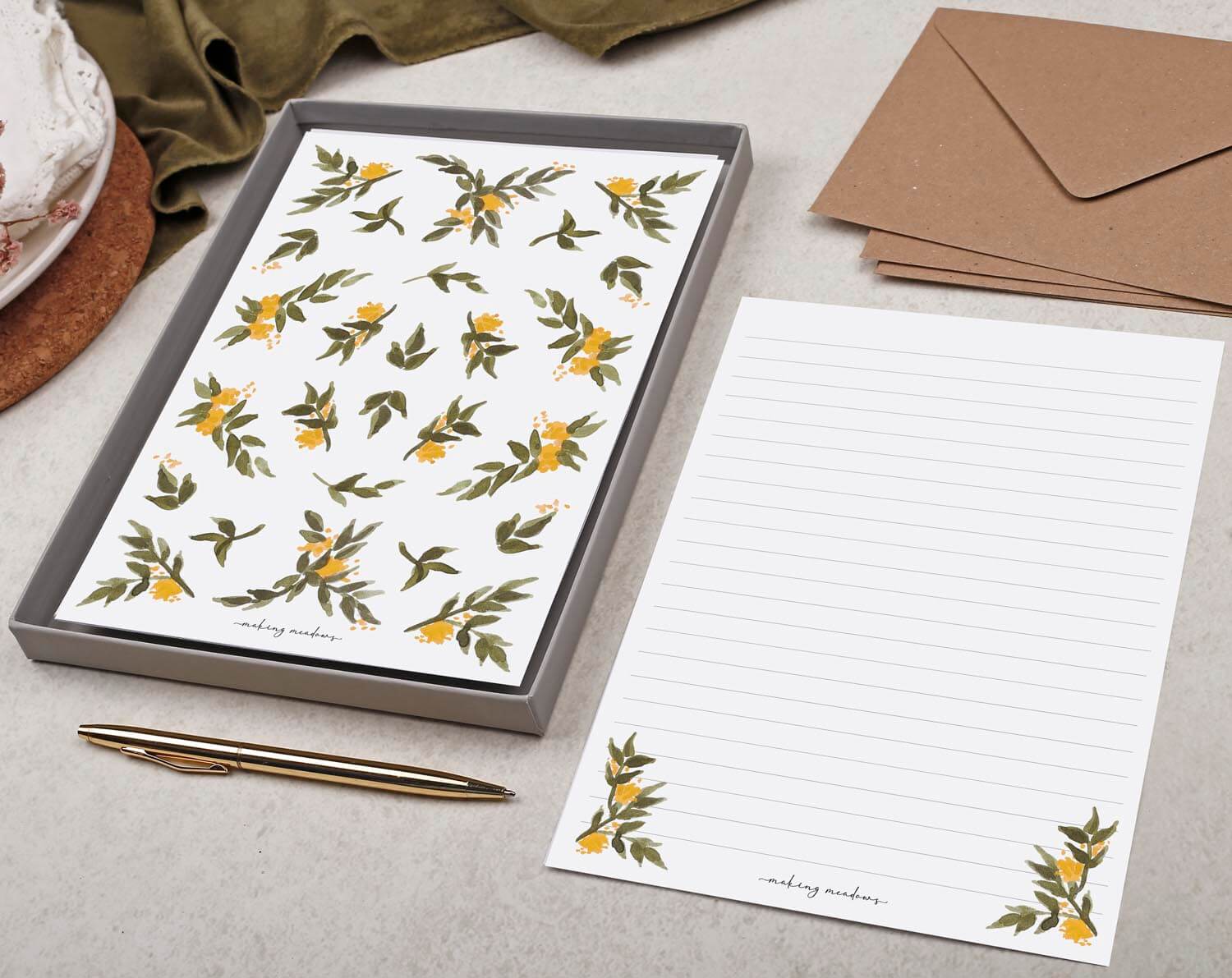 Double Sided A5 Writing Paper With Yellow Flowers. Stationery designed by Making Meadows