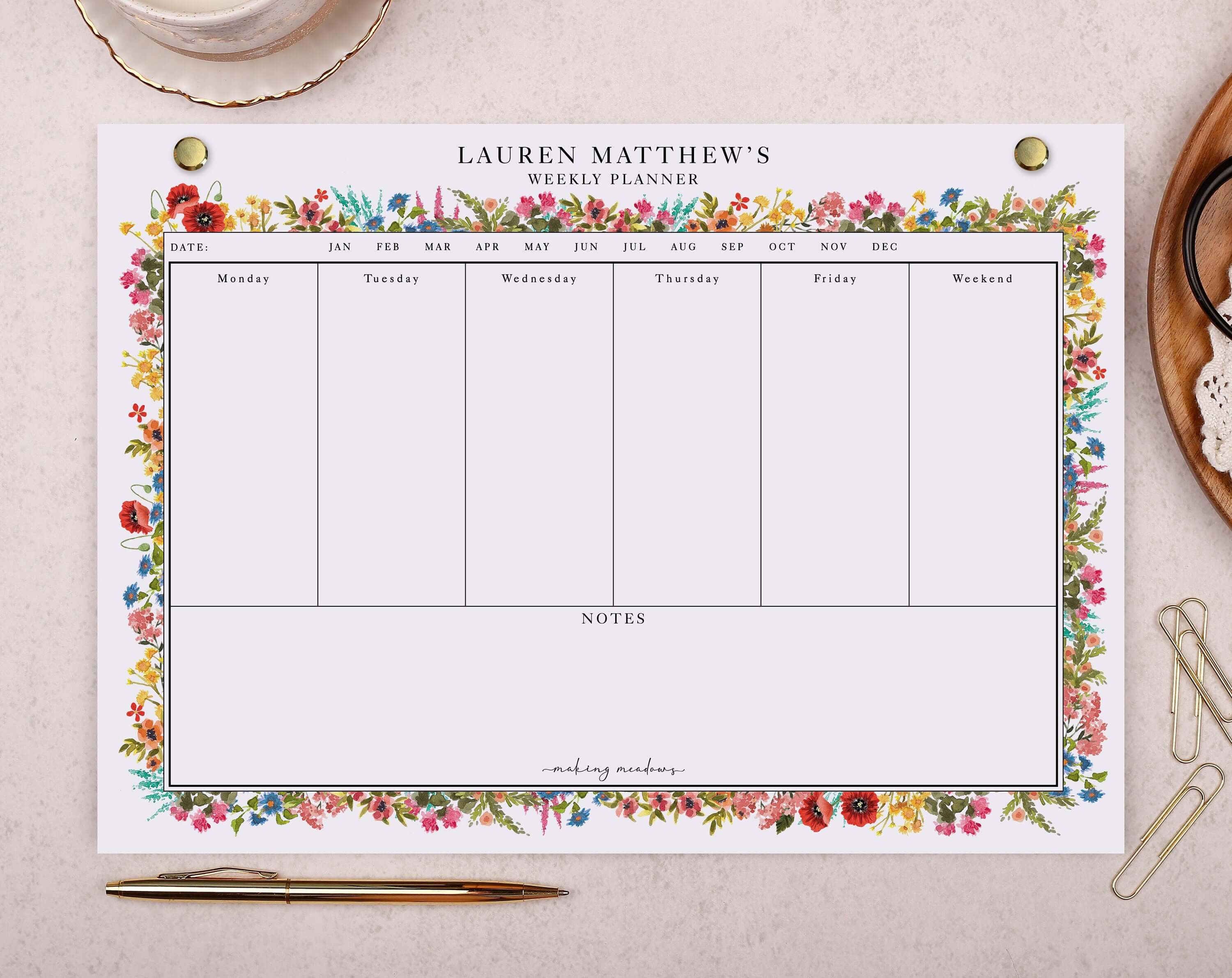 Floral Personalised Weekly Planner Pad. Planners designed by Making Meadows