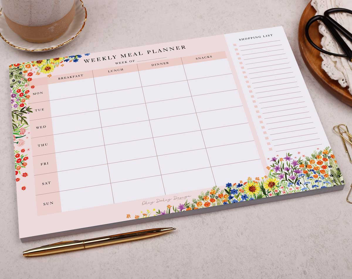 Floral Weekly Meal Planner Pad. Desk Pads & Blotters designed by Making Meadows